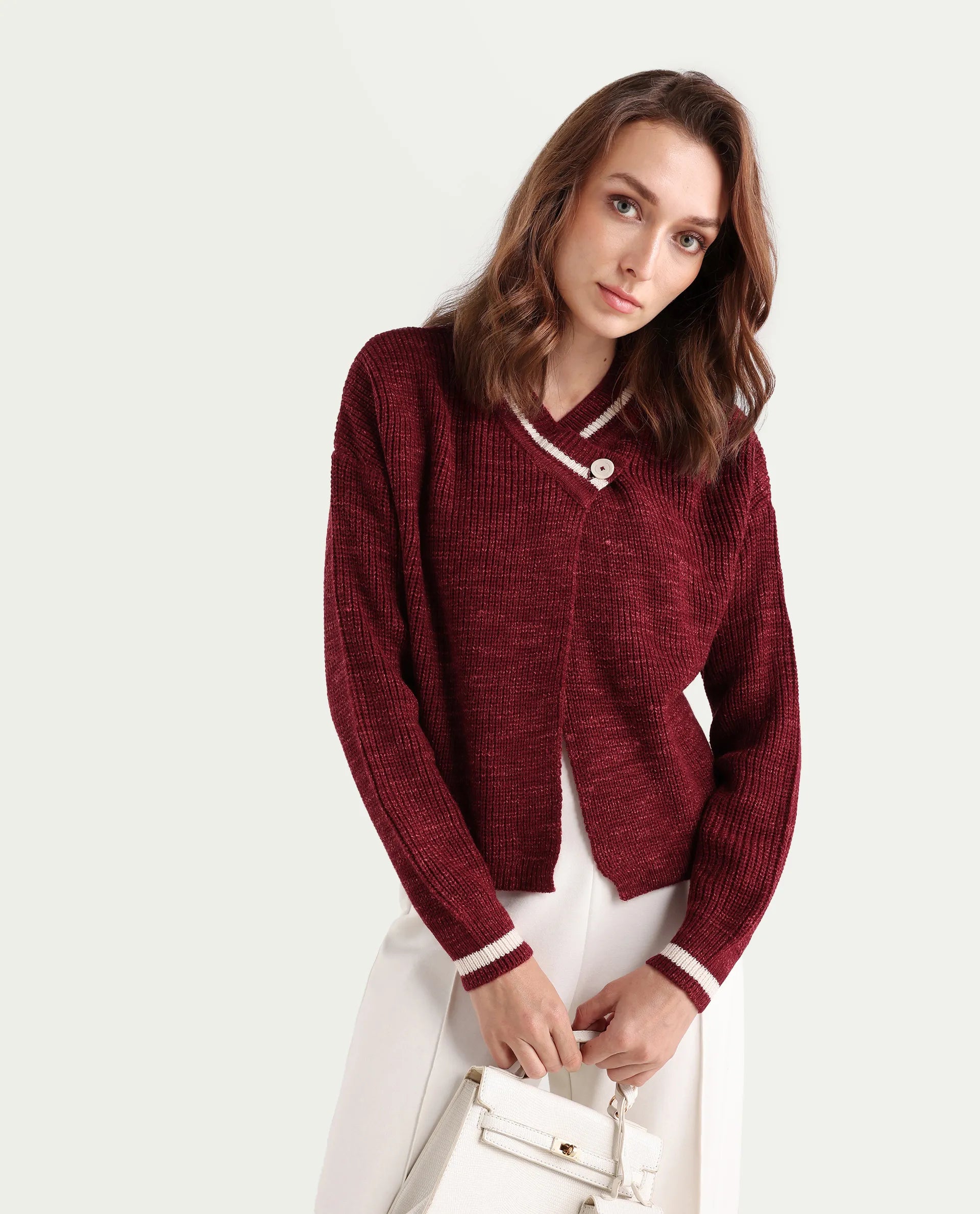 Rareism Women's Lapez Red Overlap Neck Plain Relaxed Fit Shrug