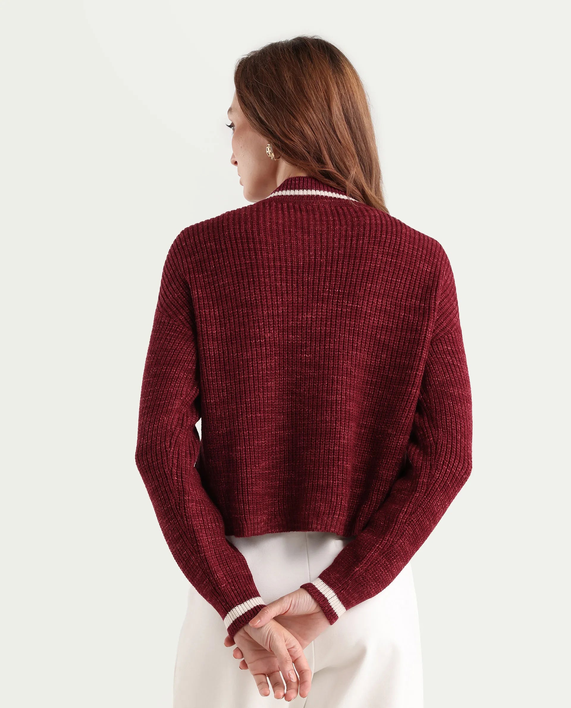 Rareism Women's Lapez Red Overlap Neck Plain Relaxed Fit Shrug