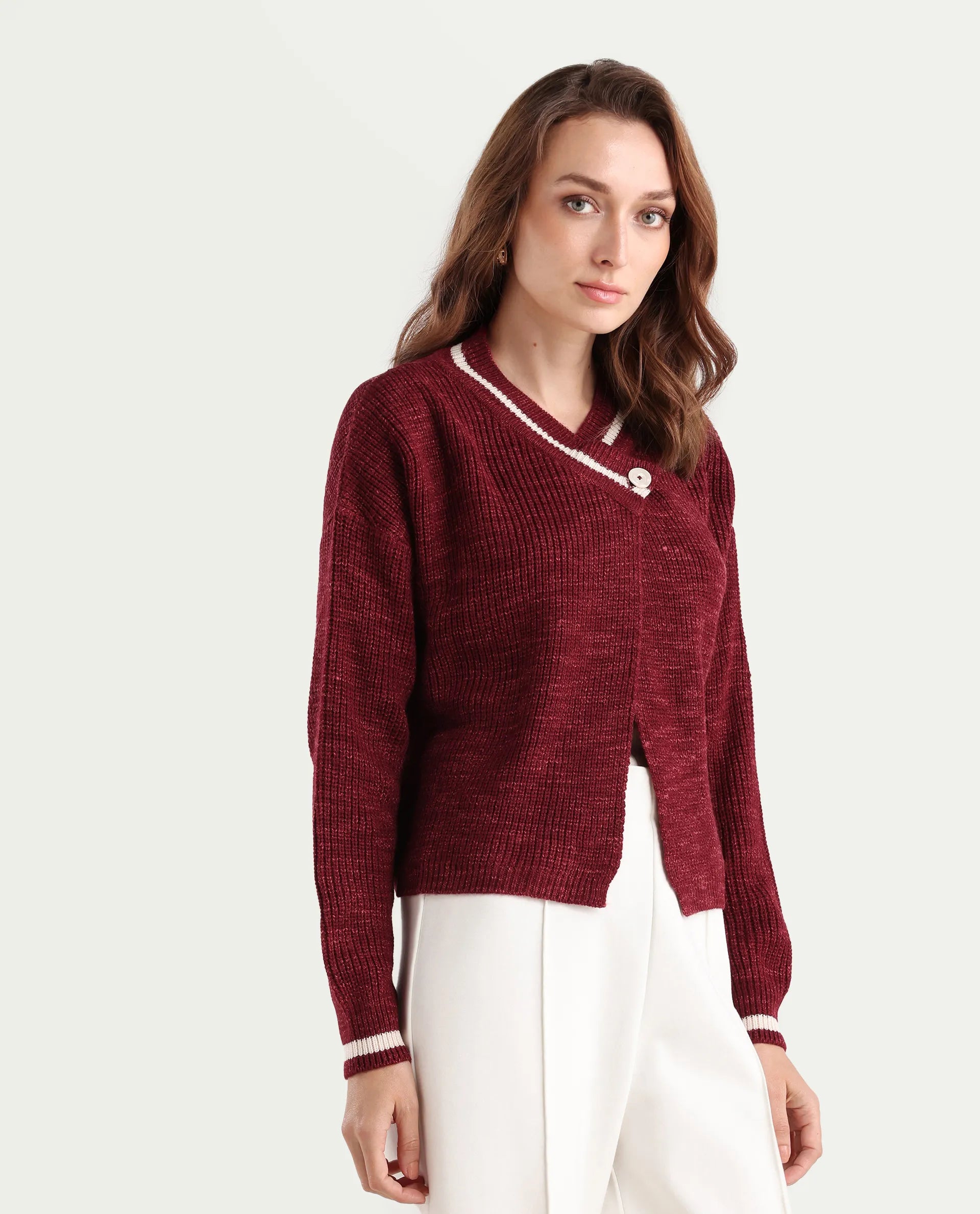 Rareism Women's Lapez Red Overlap Neck Plain Relaxed Fit Shrug