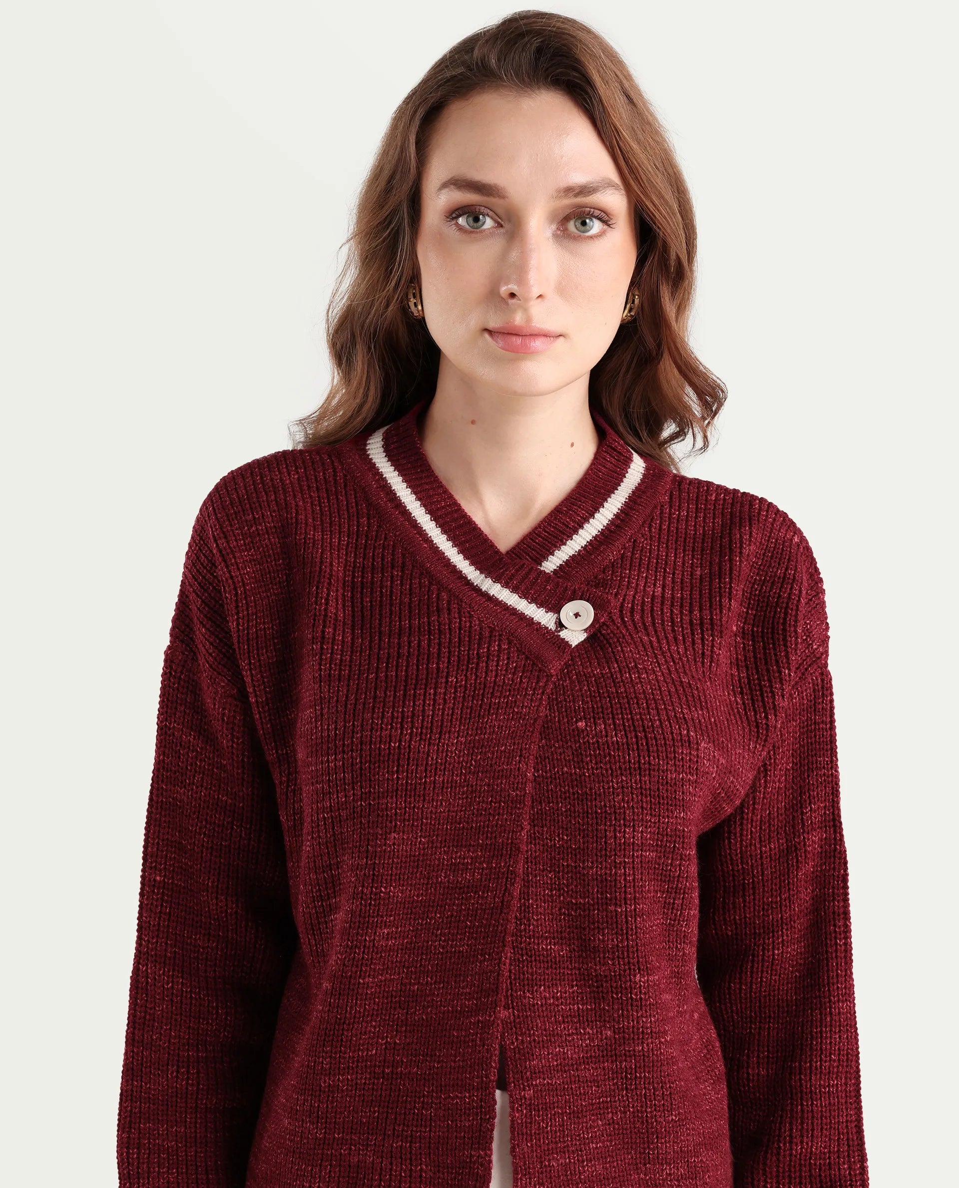 Rareism Women's Lapez Red Overlap Neck Plain Relaxed Fit Shrug