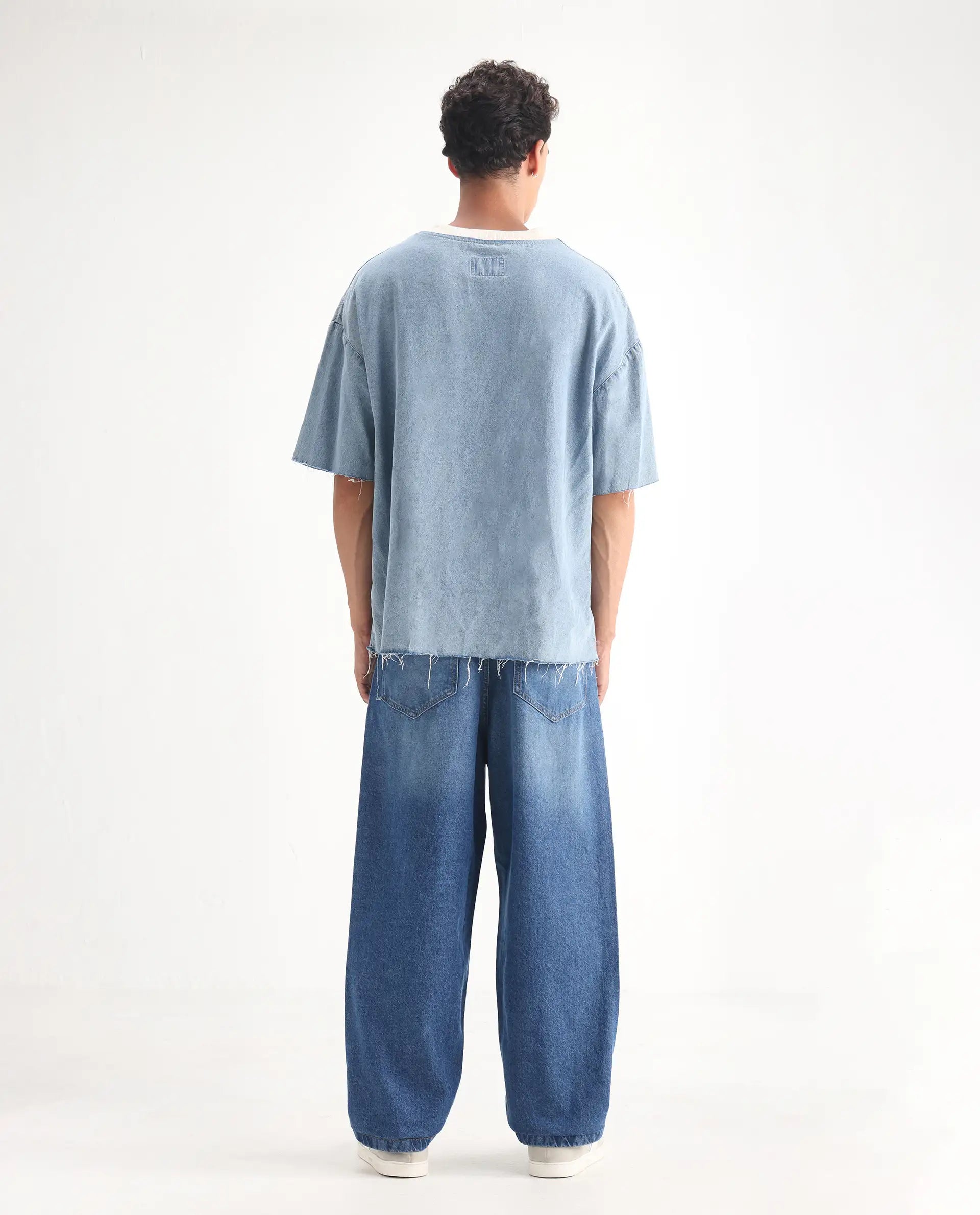 Rare Rabbit Men's Lar Blue Cotton Plain Baggy Fit Jeans