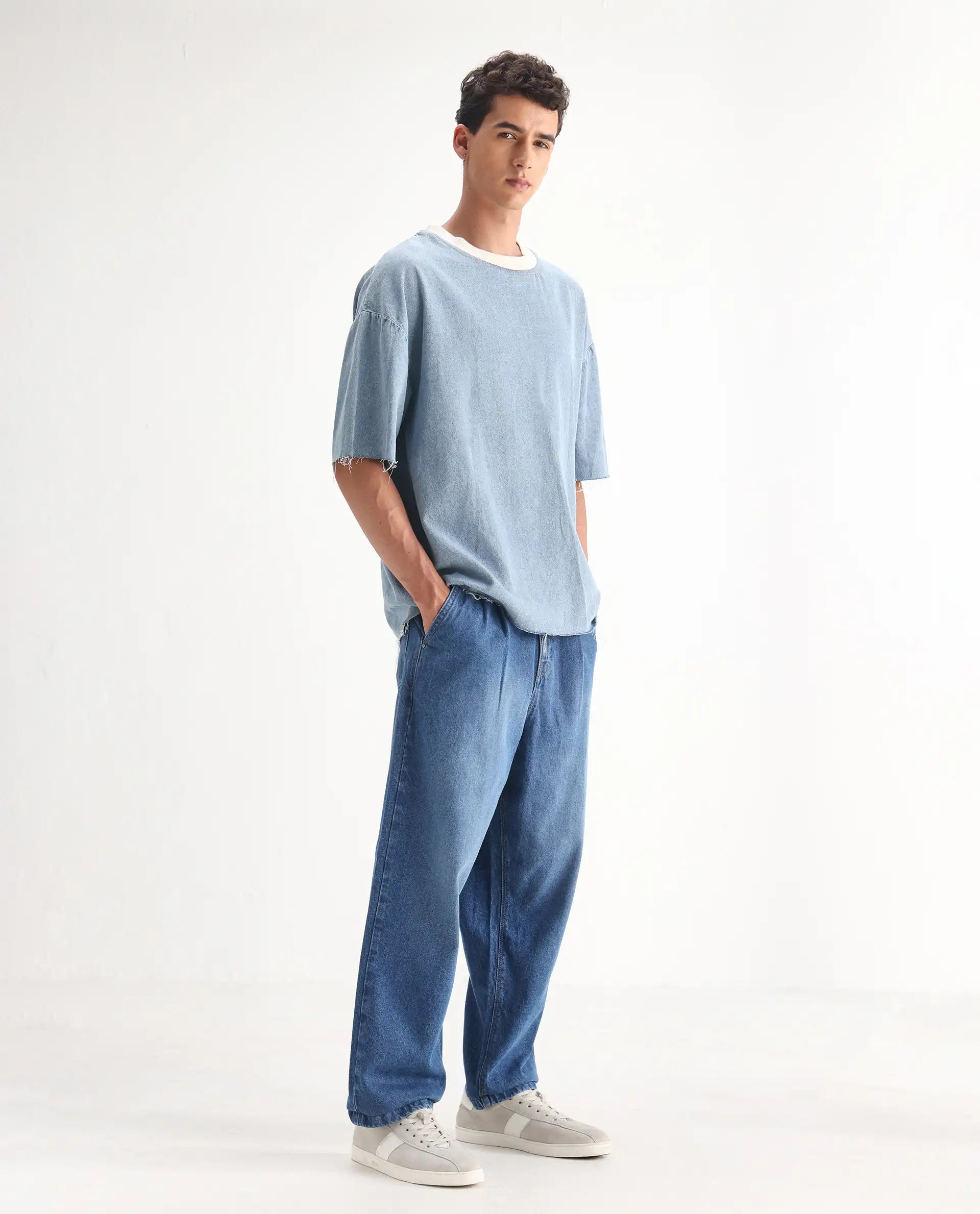 Rare Rabbit Men's Lar Blue Cotton Plain Baggy Fit Jeans