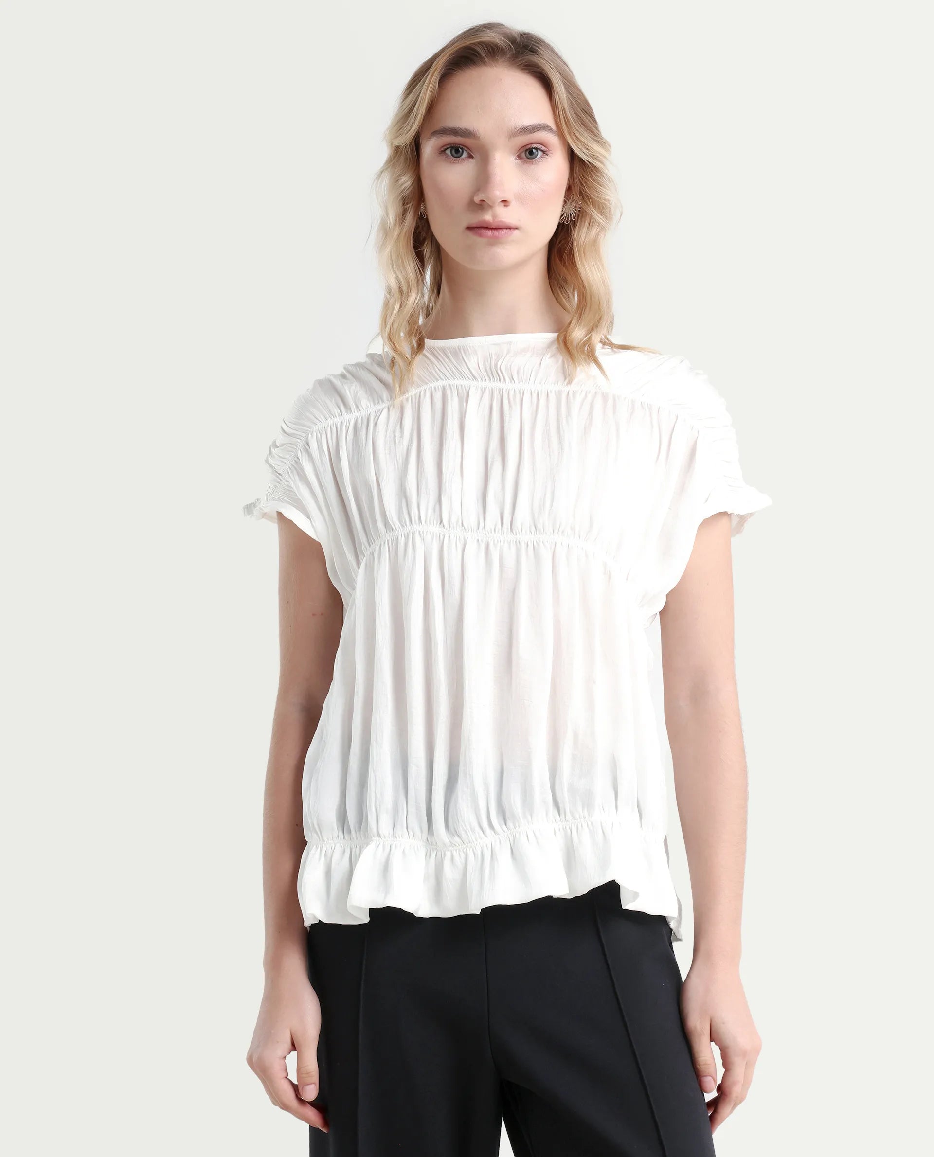 Rareism Women's Larissa Dark White Polyester Boat Neck Plain Extended Sleeves Regular Fit Top