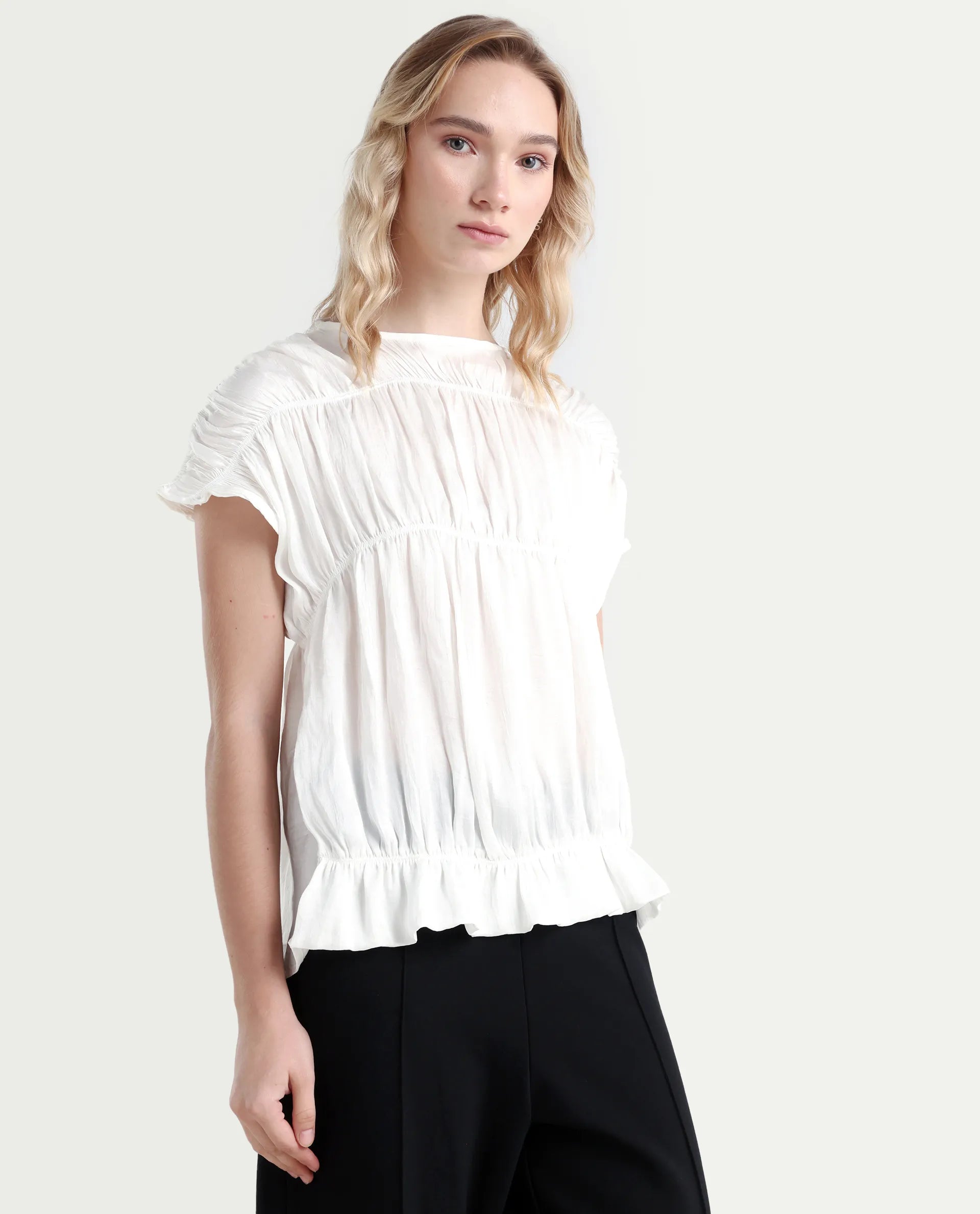 Rareism Women's Larissa Dark White Polyester Boat Neck Plain Extended Sleeves Regular Fit Top