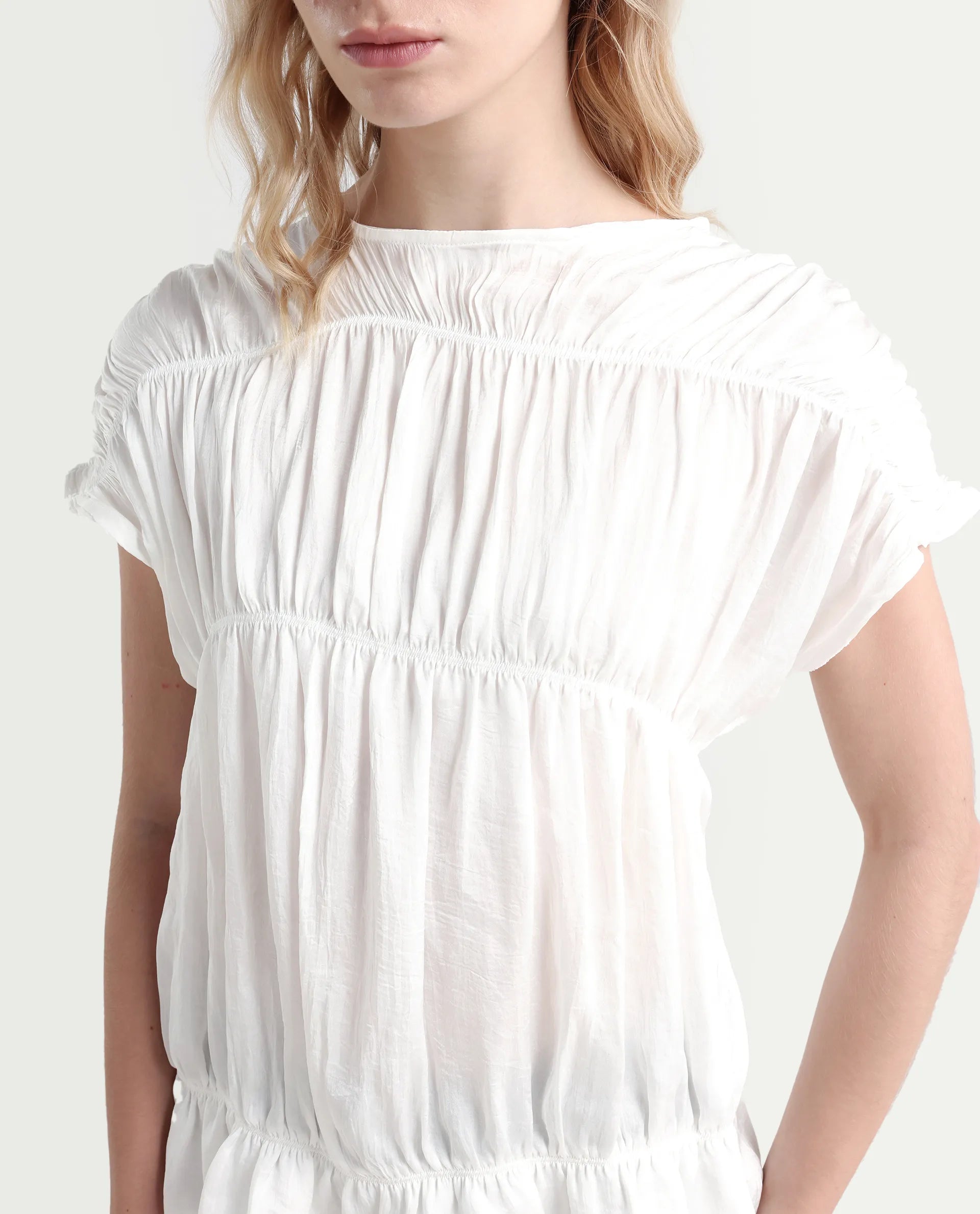 Rareism Women's Larissa Dark White Polyester Boat Neck Plain Extended Sleeves Regular Fit Top