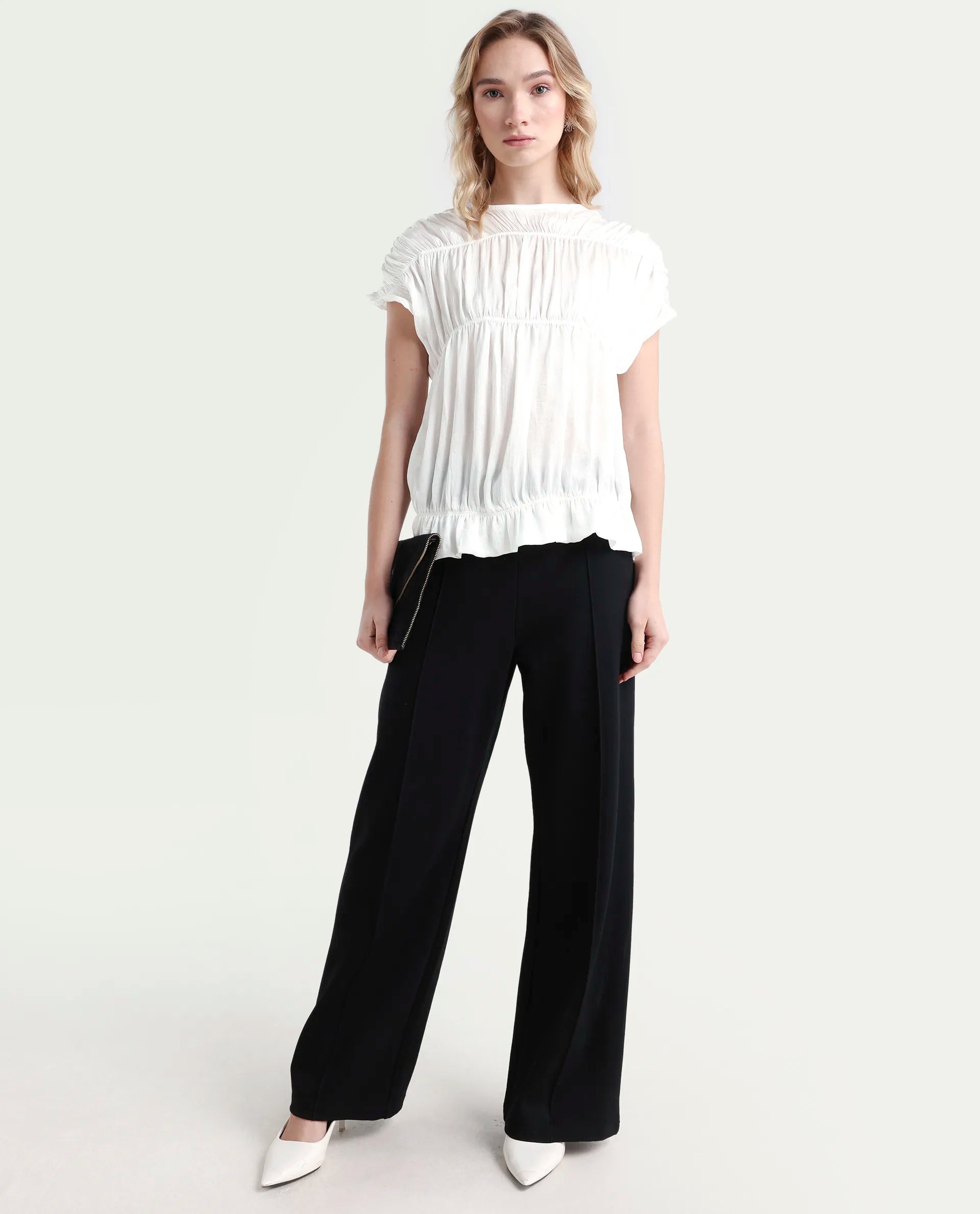 Rareism Women's Larissa Dark White Polyester Boat Neck Plain Extended Sleeves Regular Fit Top