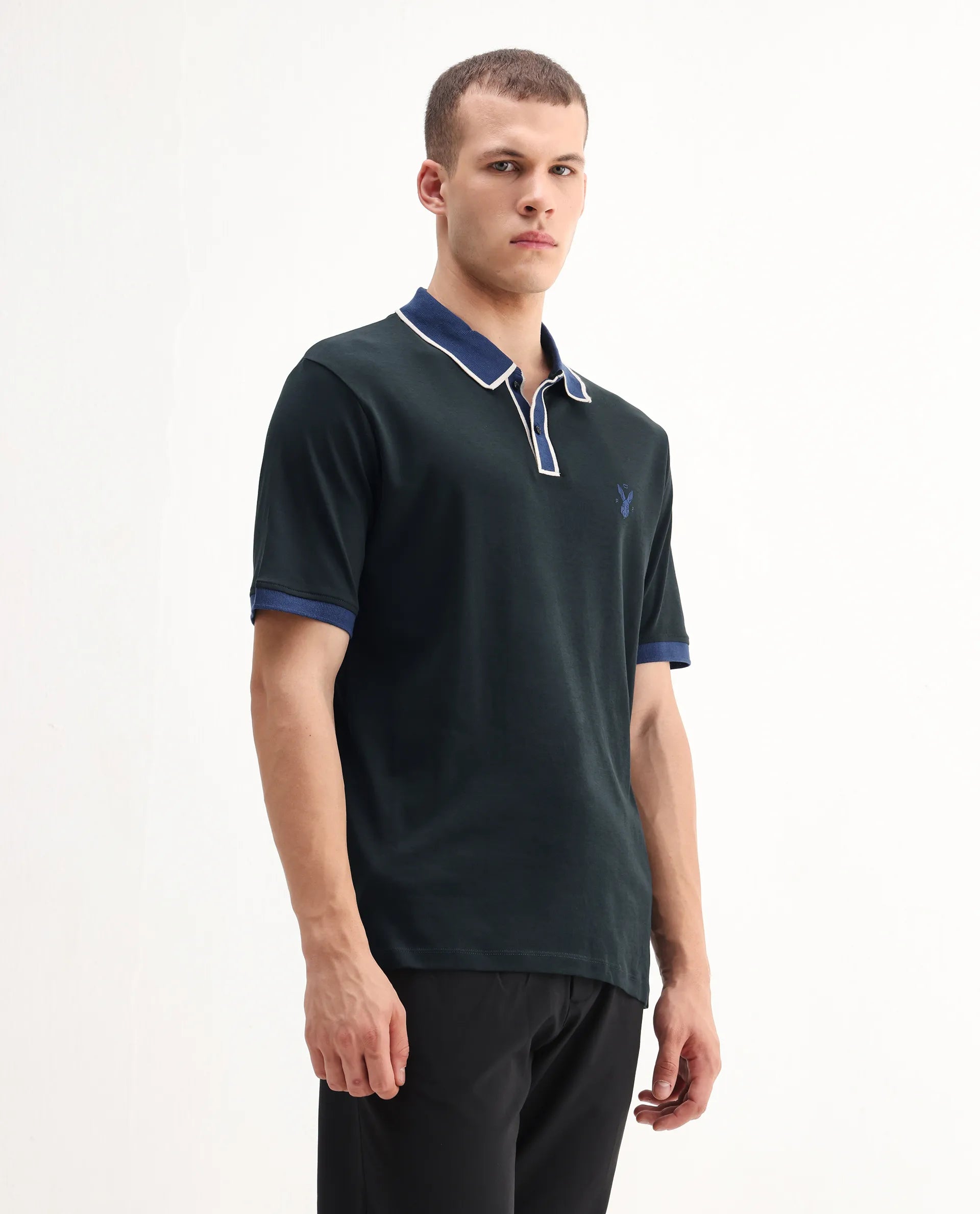 Rare Rabbit Men's Lark Dark Green Cotton Plain Regular Fit Half Sleeve Polo