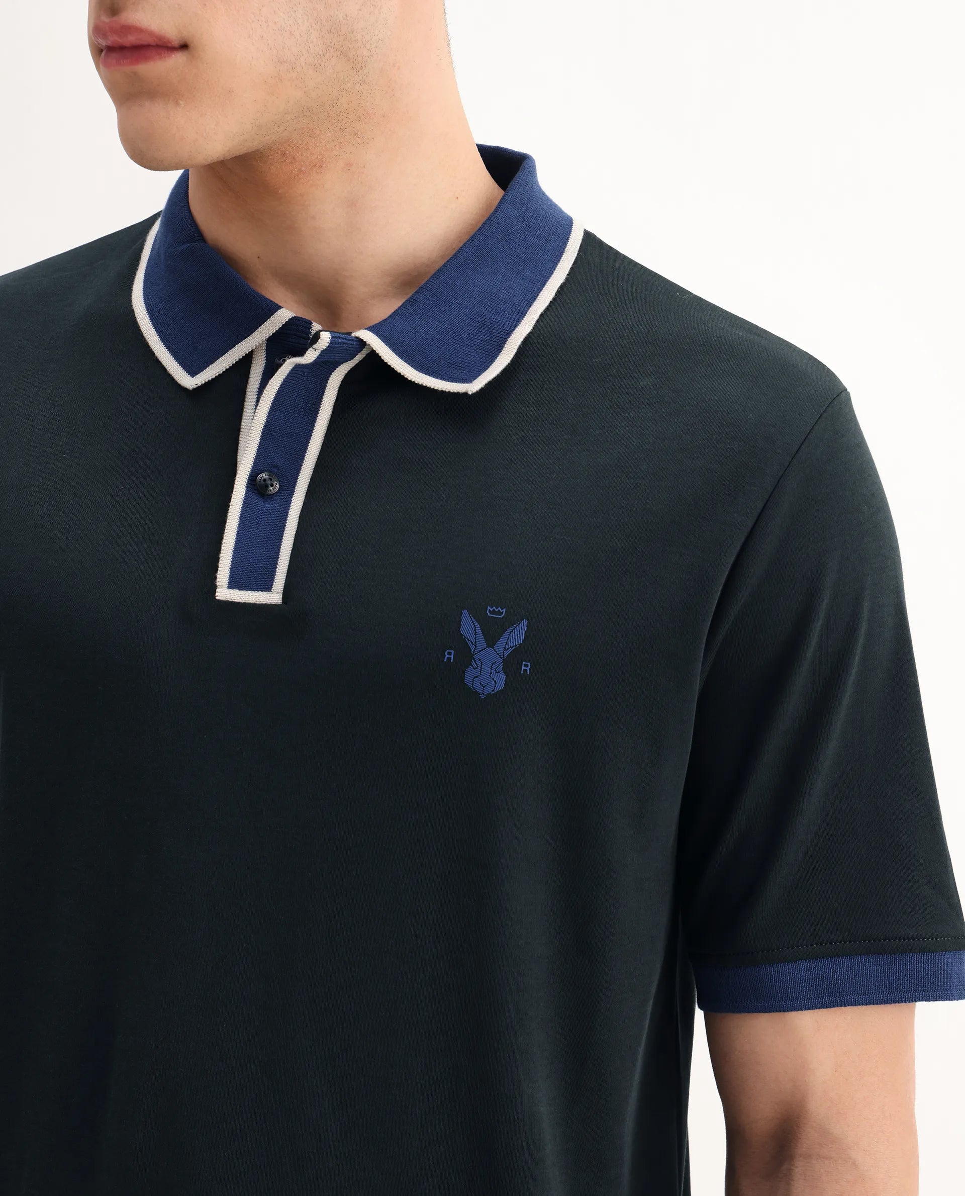 Rare Rabbit Men's Lark Dark Green Cotton Plain Regular Fit Half Sleeve Polo