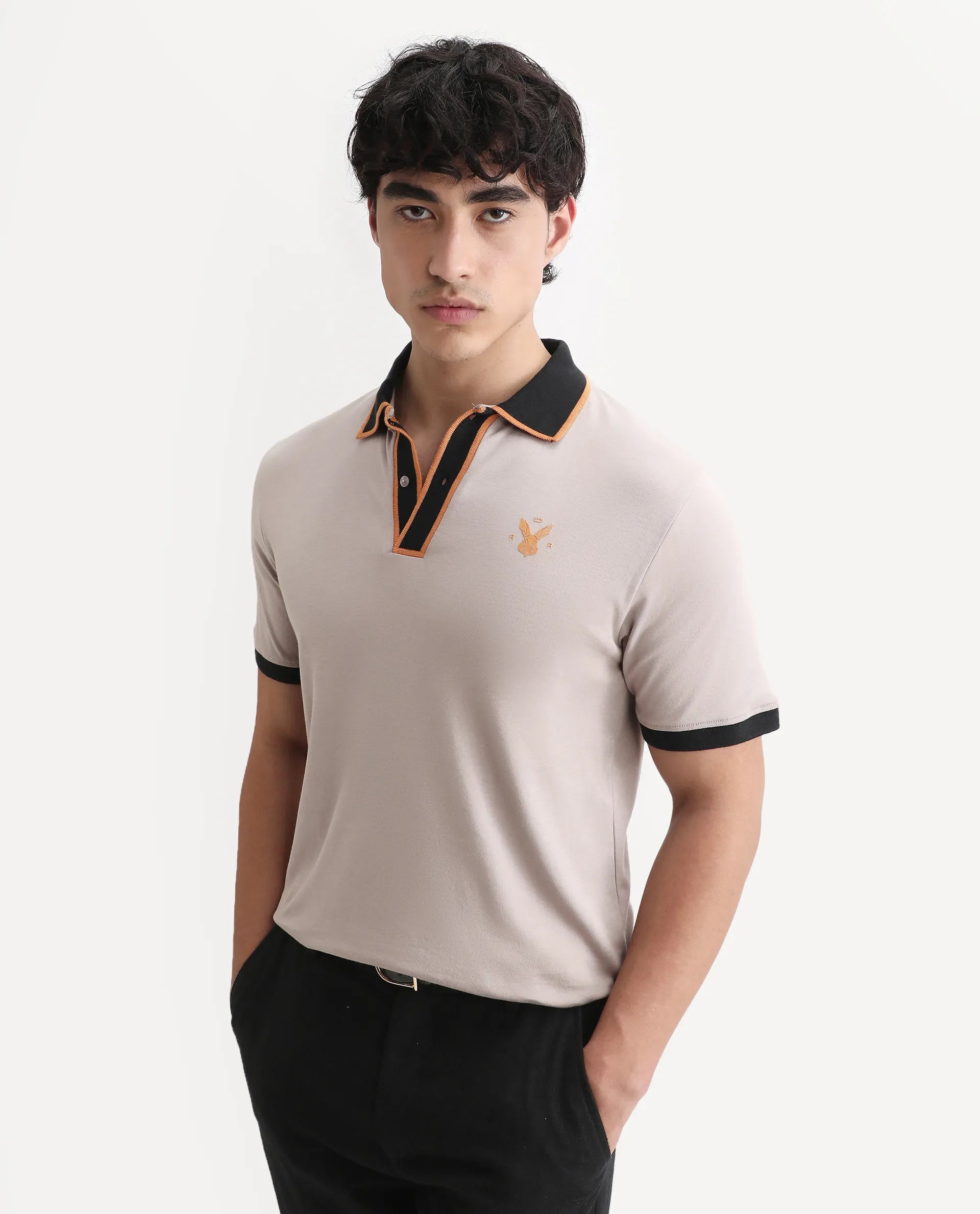 Rare Rabbit Men's Lark Dusky Beige Cotton Plain Regular Fit Half Sleeve Polo