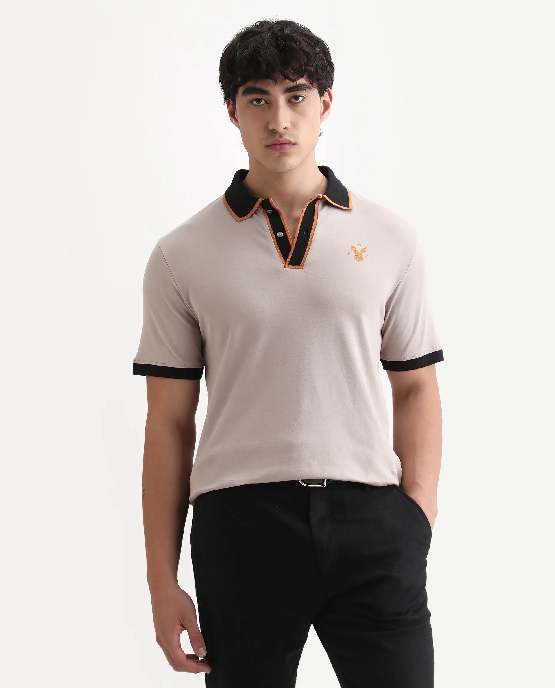 Rare Rabbit Men's Lark Dusky Beige Cotton Plain Regular Fit Half Sleeve Polo