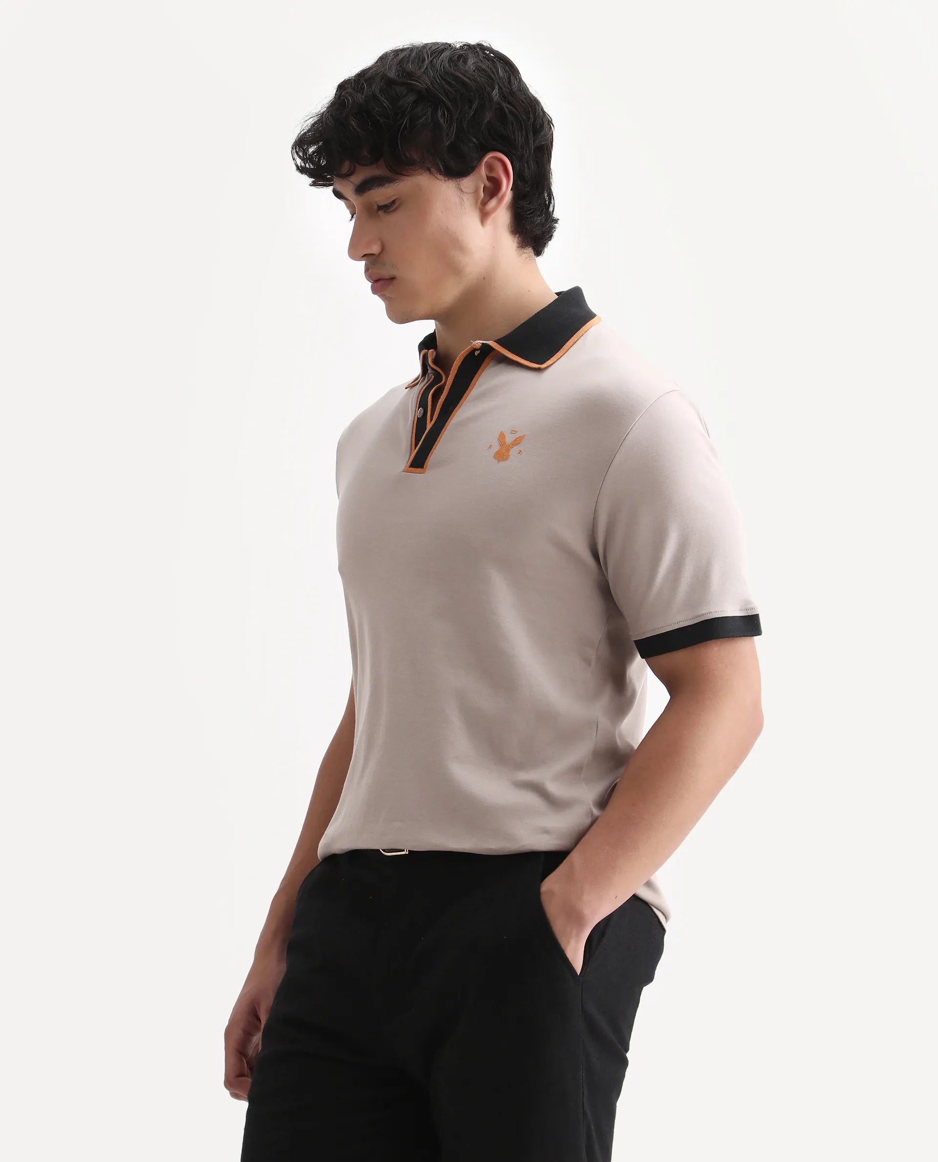 Rare Rabbit Men's Lark Dusky Beige Cotton Plain Regular Fit Half Sleeve Polo