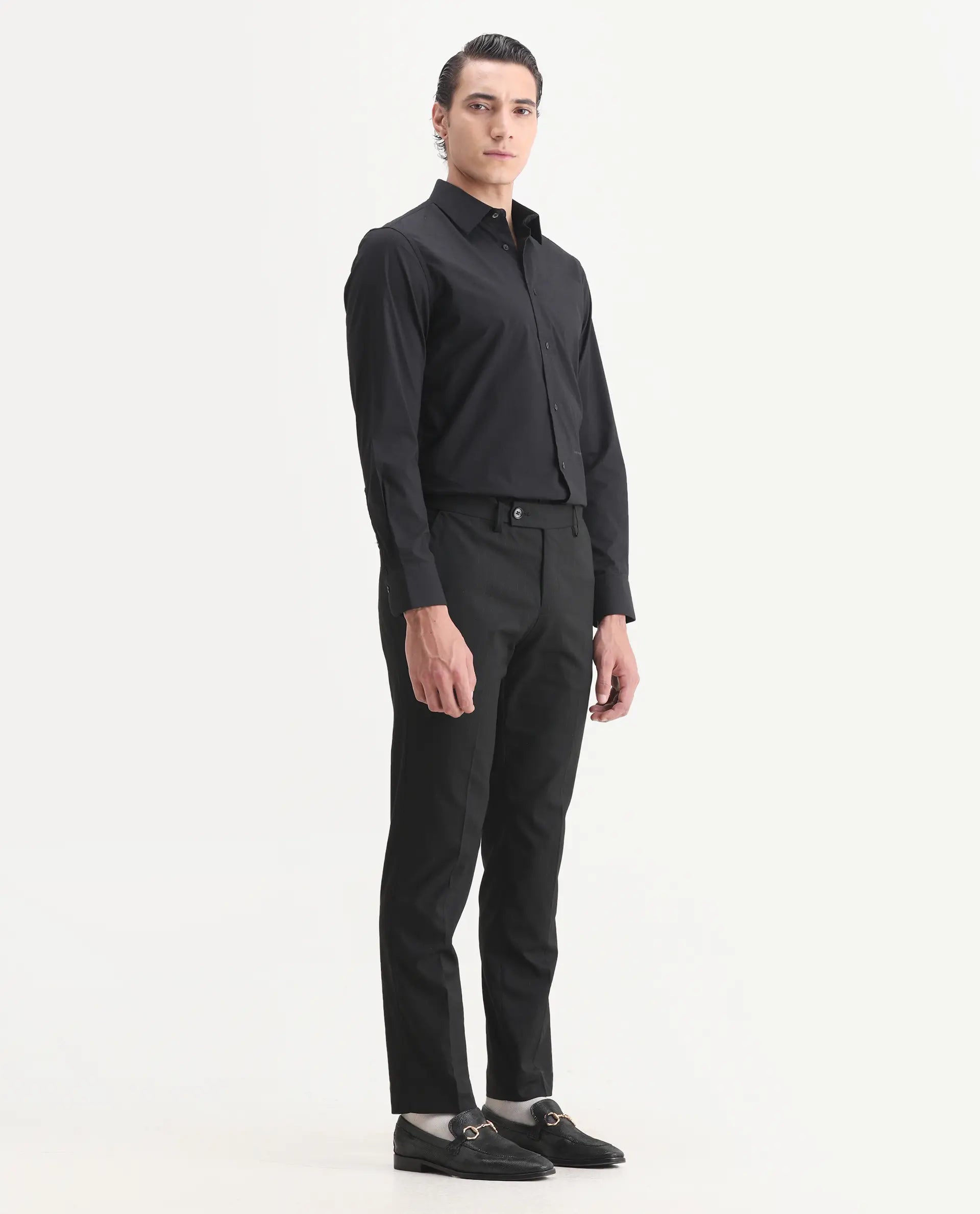 Rare Rabbit Men's Larkin Black Polyester Striped Print Tailored Fit Full Sleeve Lapel Neck Suits