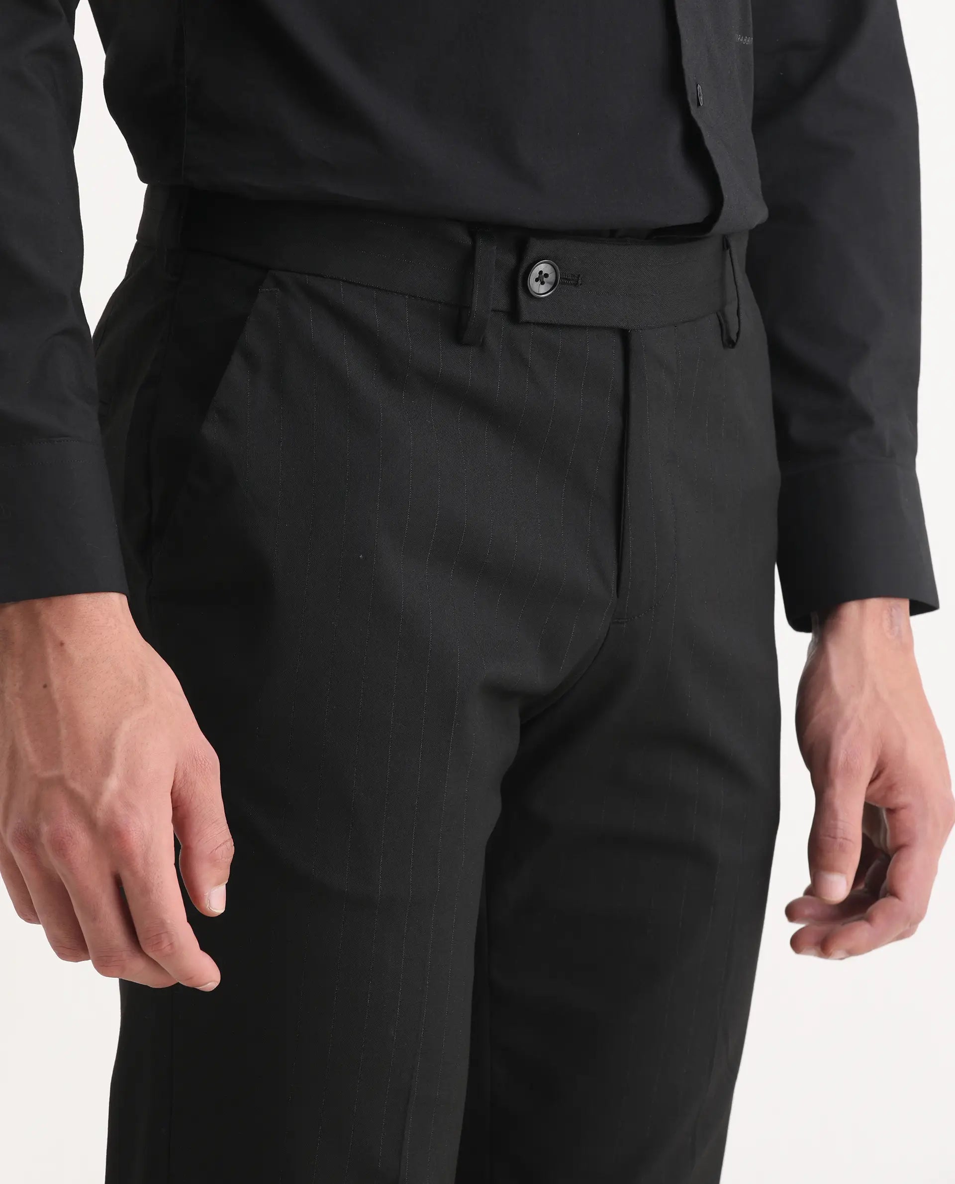 Rare Rabbit Men's Larkin Black Polyester Striped Print Tailored Fit Full Sleeve Lapel Neck Suits