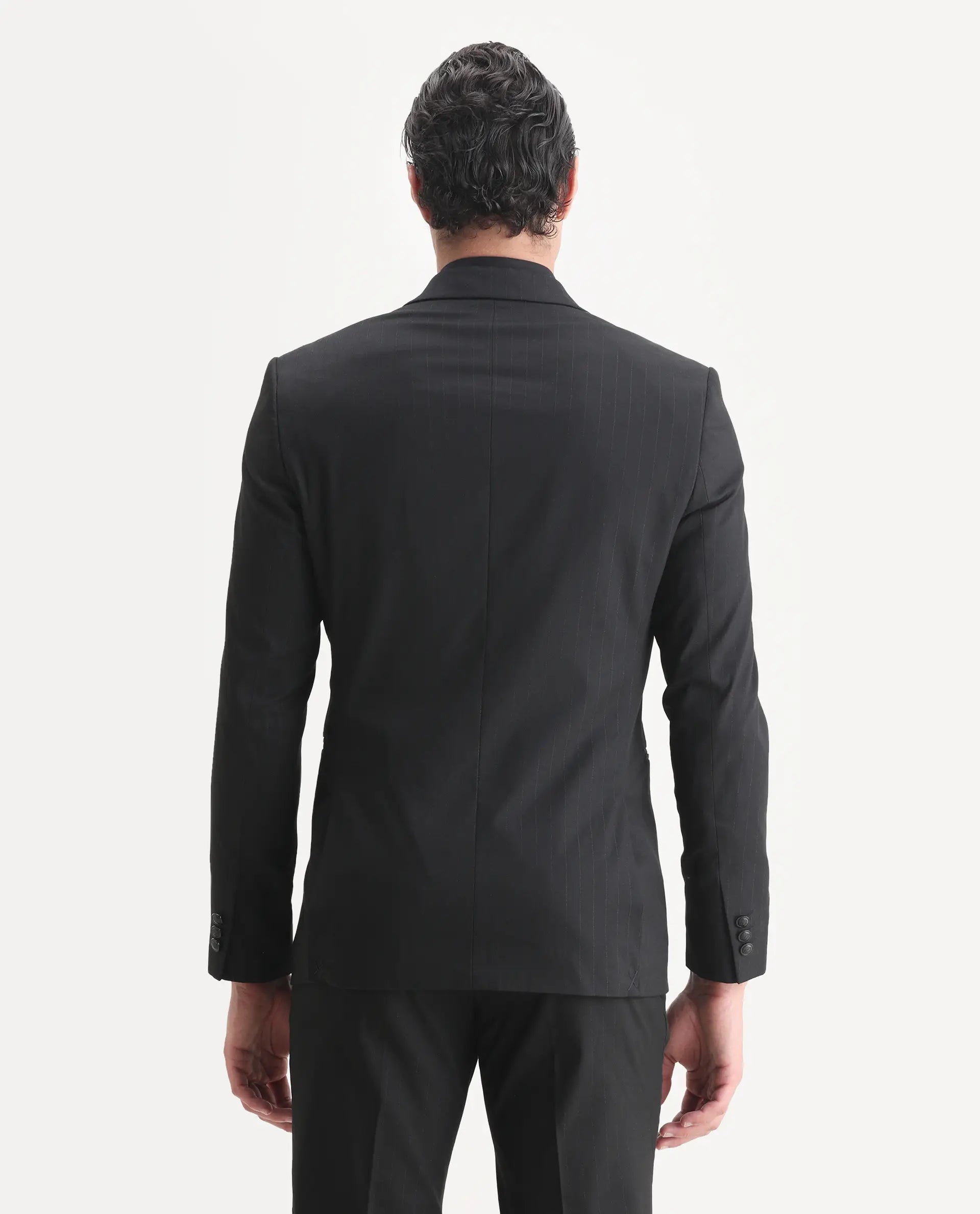 Rare Rabbit Men's Larkin Black Polyester Striped Print Tailored Fit Full Sleeve Lapel Neck Suits