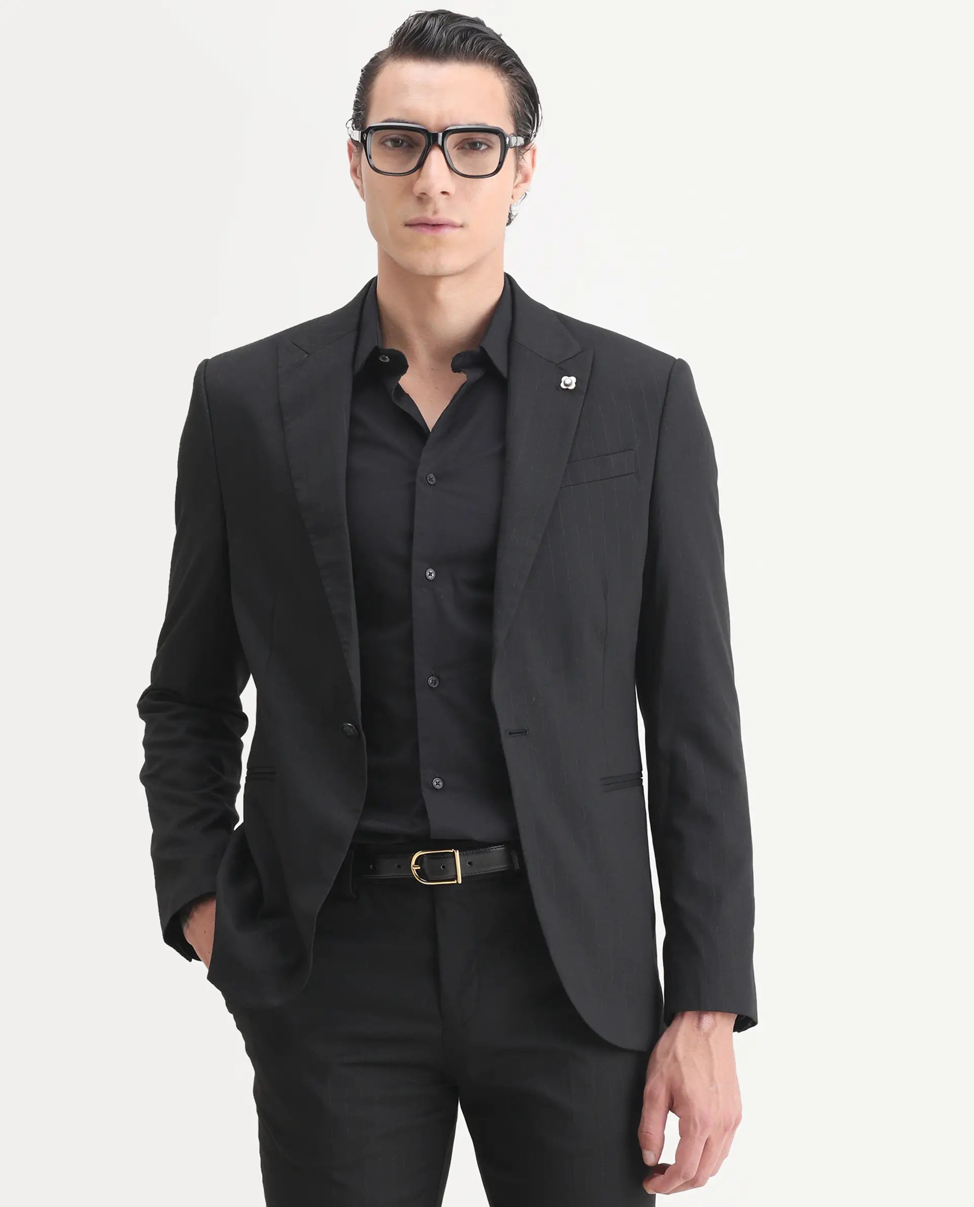 Rare Rabbit Men's Larkin Black Polyester Striped Print Tailored Fit Full Sleeve Lapel Neck Suits