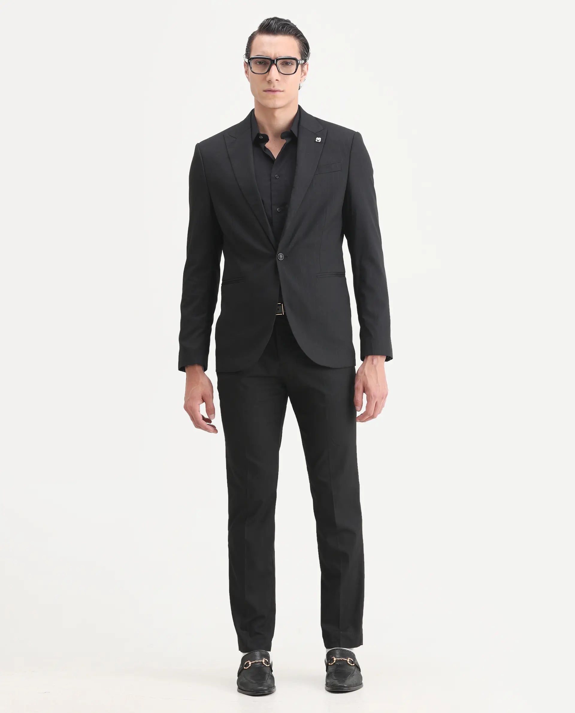 Rare Rabbit Men's Larkin Black Polyester Striped Print Tailored Fit Full Sleeve Lapel Neck Suits