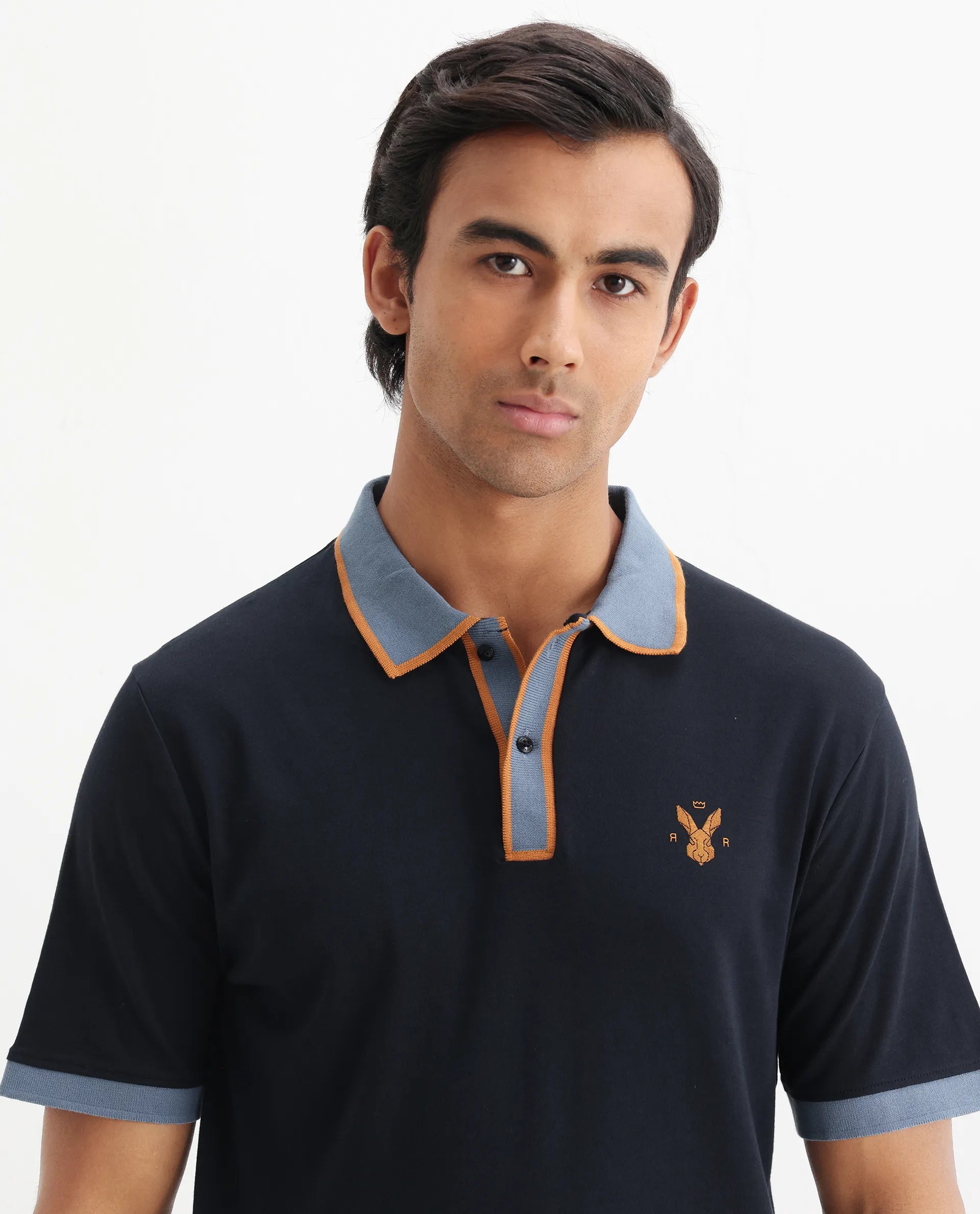 Rare Rabbit Men's Lark Navy Cotton Plain Regular Fit Half Sleeve Polo