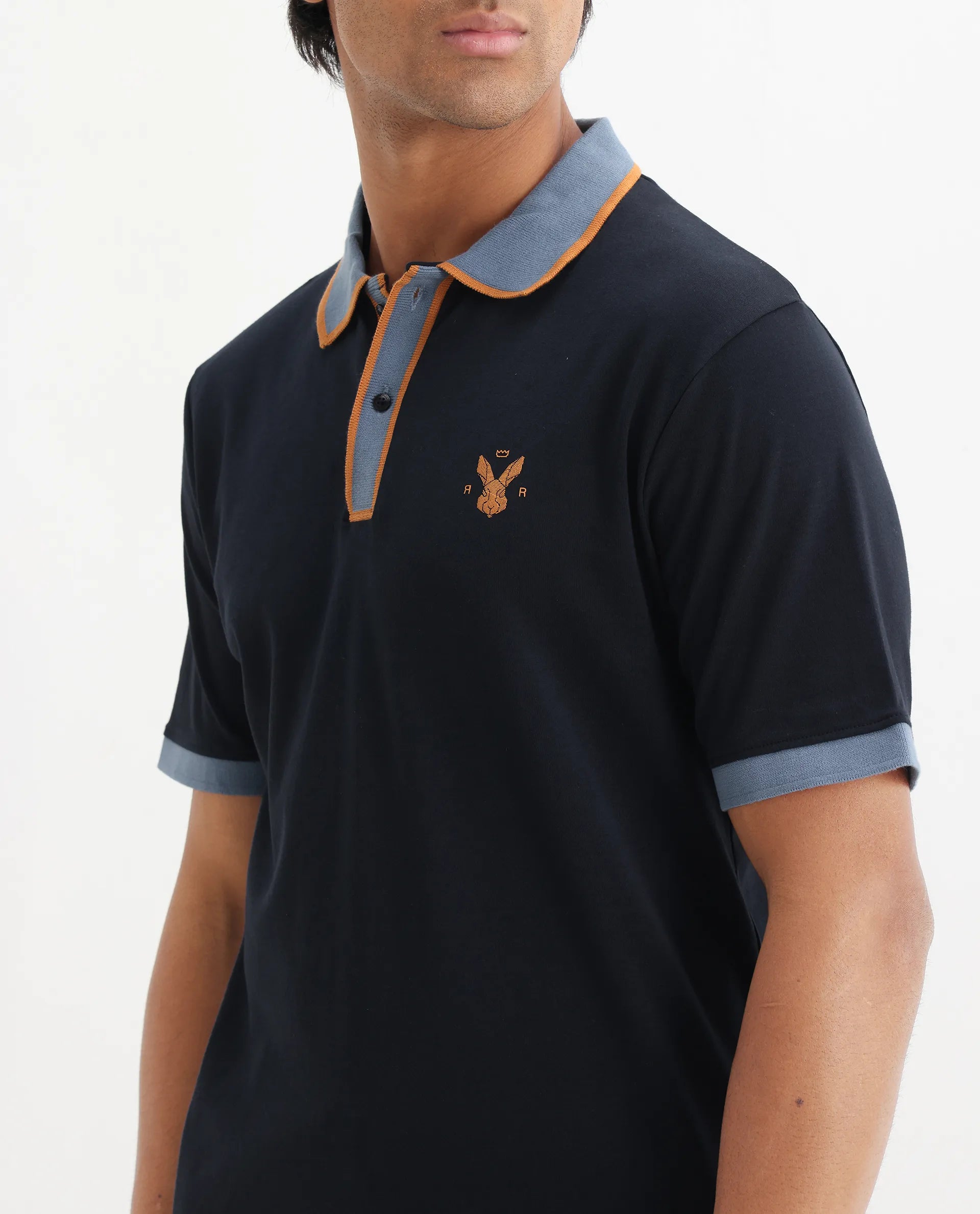 Rare Rabbit Men's Lark Navy Cotton Plain Regular Fit Half Sleeve Polo