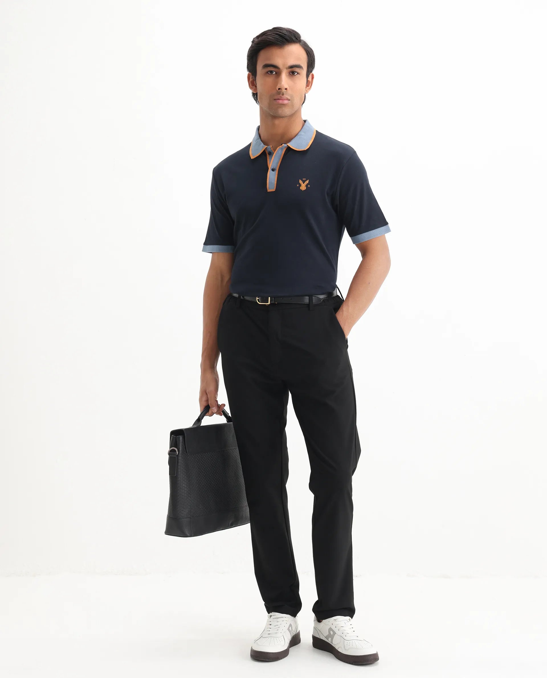 Rare Rabbit Men's Lark Navy Cotton Plain Regular Fit Half Sleeve Polo