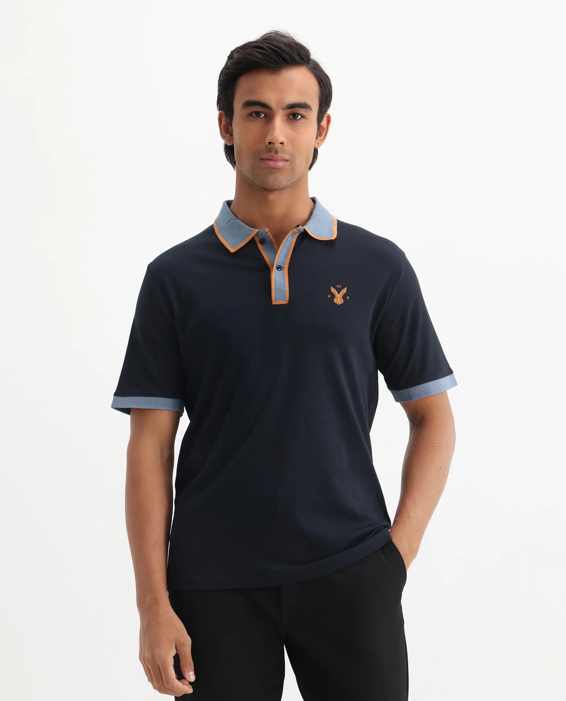 Rare Rabbit Men's Lark Navy Cotton Plain Regular Fit Half Sleeve Polo
