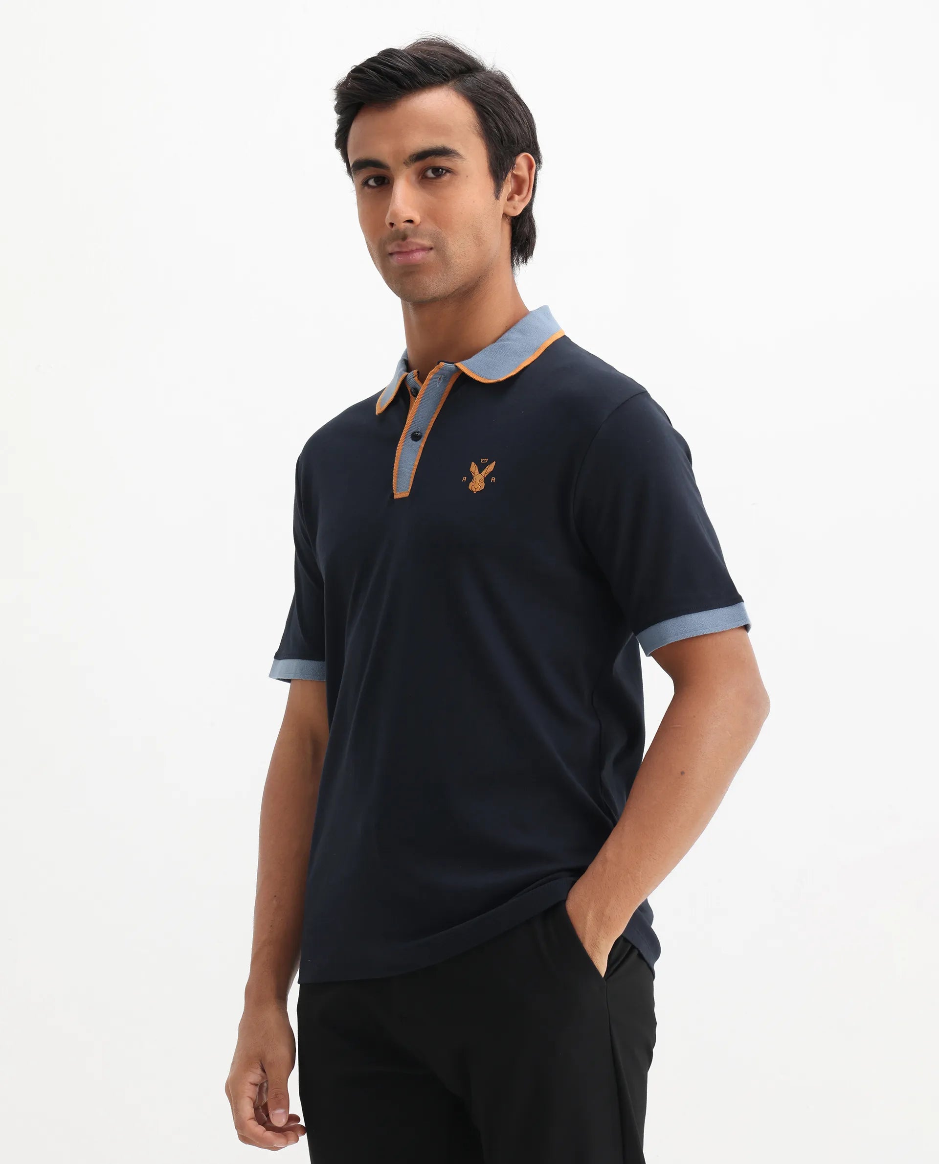 Rare Rabbit Men's Lark Navy Cotton Plain Regular Fit Half Sleeve Polo