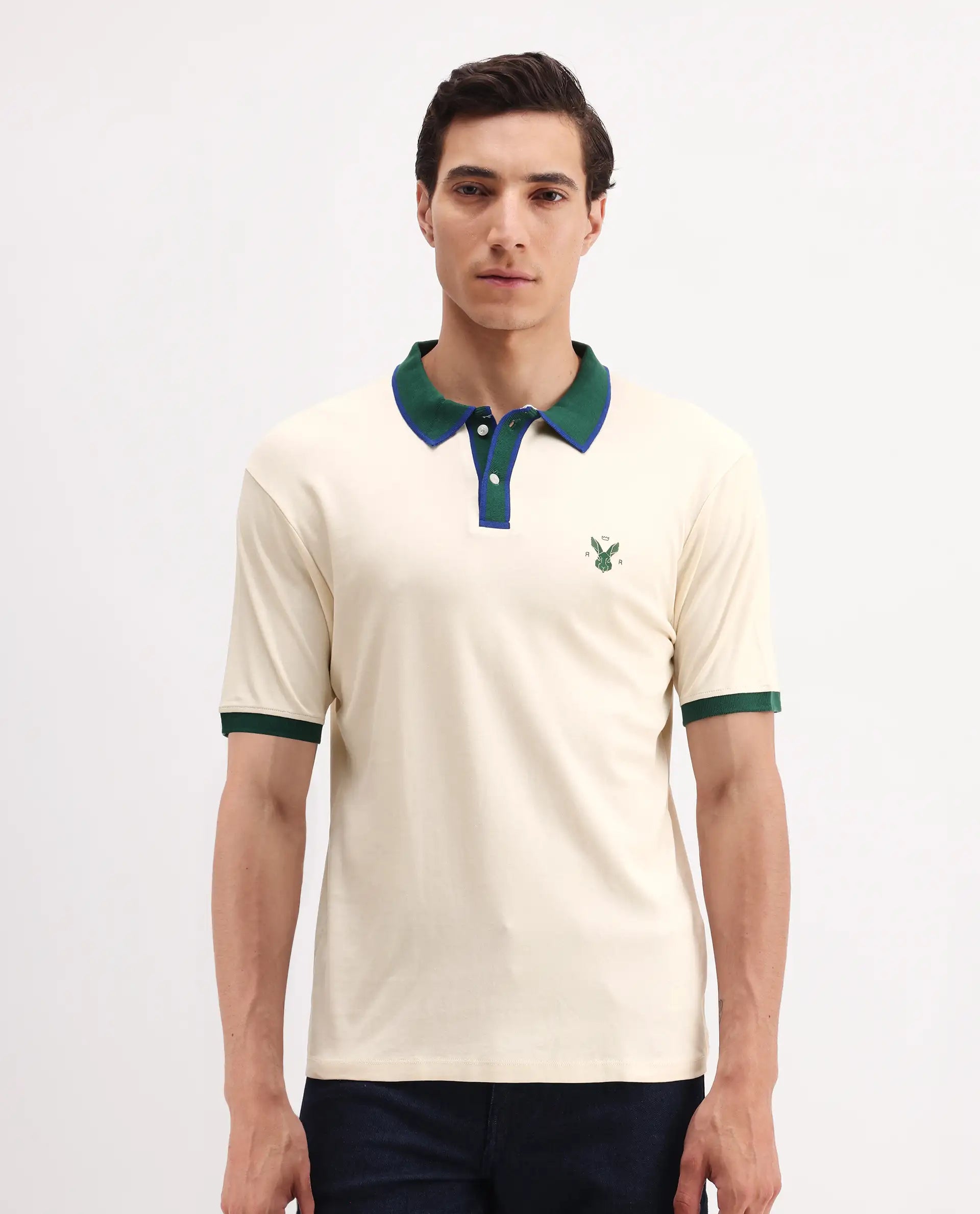 Rare Rabbit Men's Lark Off White Cotton Plain Regular Fit Half Sleeve Polo