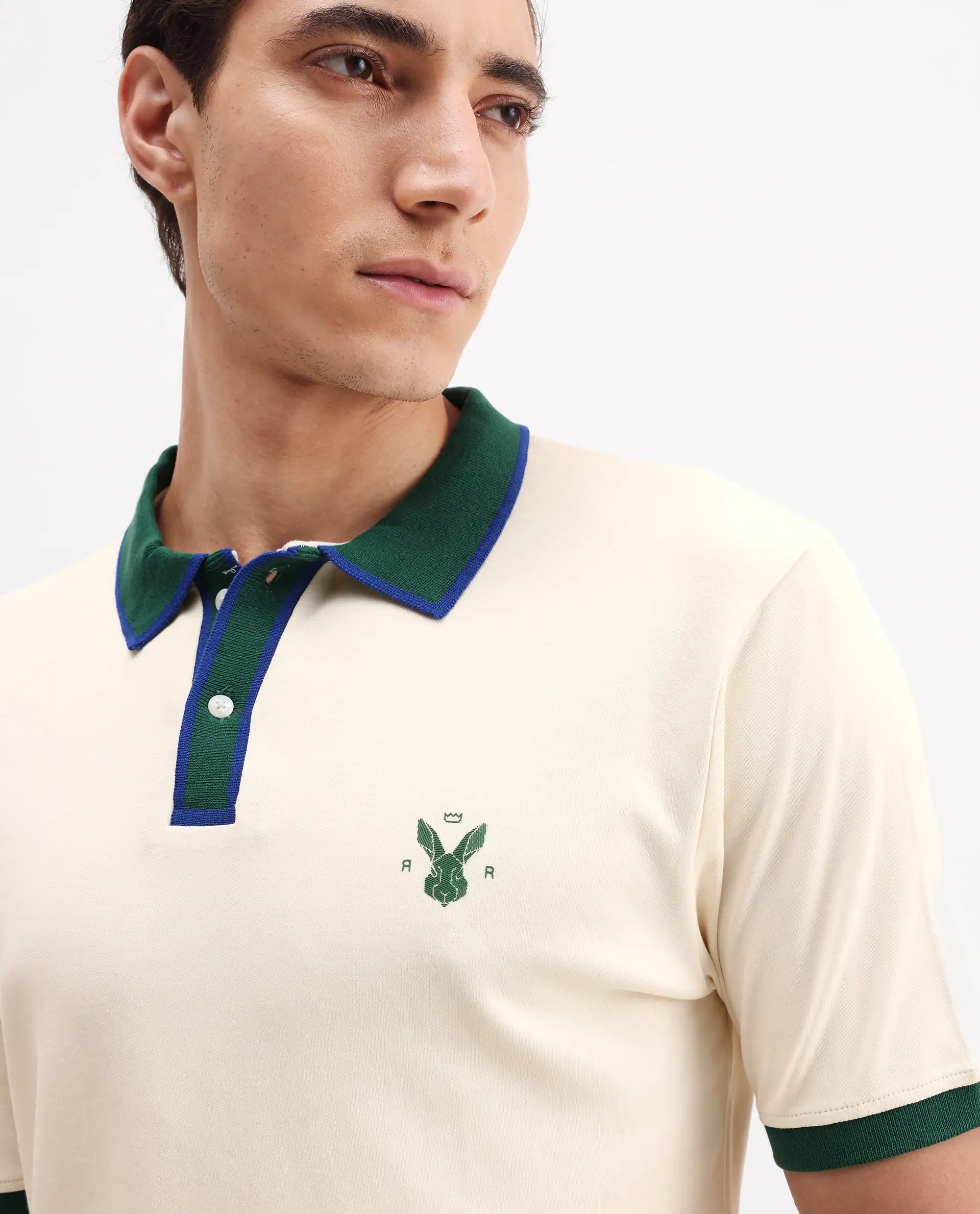 Rare Rabbit Men's Lark Off White Cotton Plain Regular Fit Half Sleeve Polo