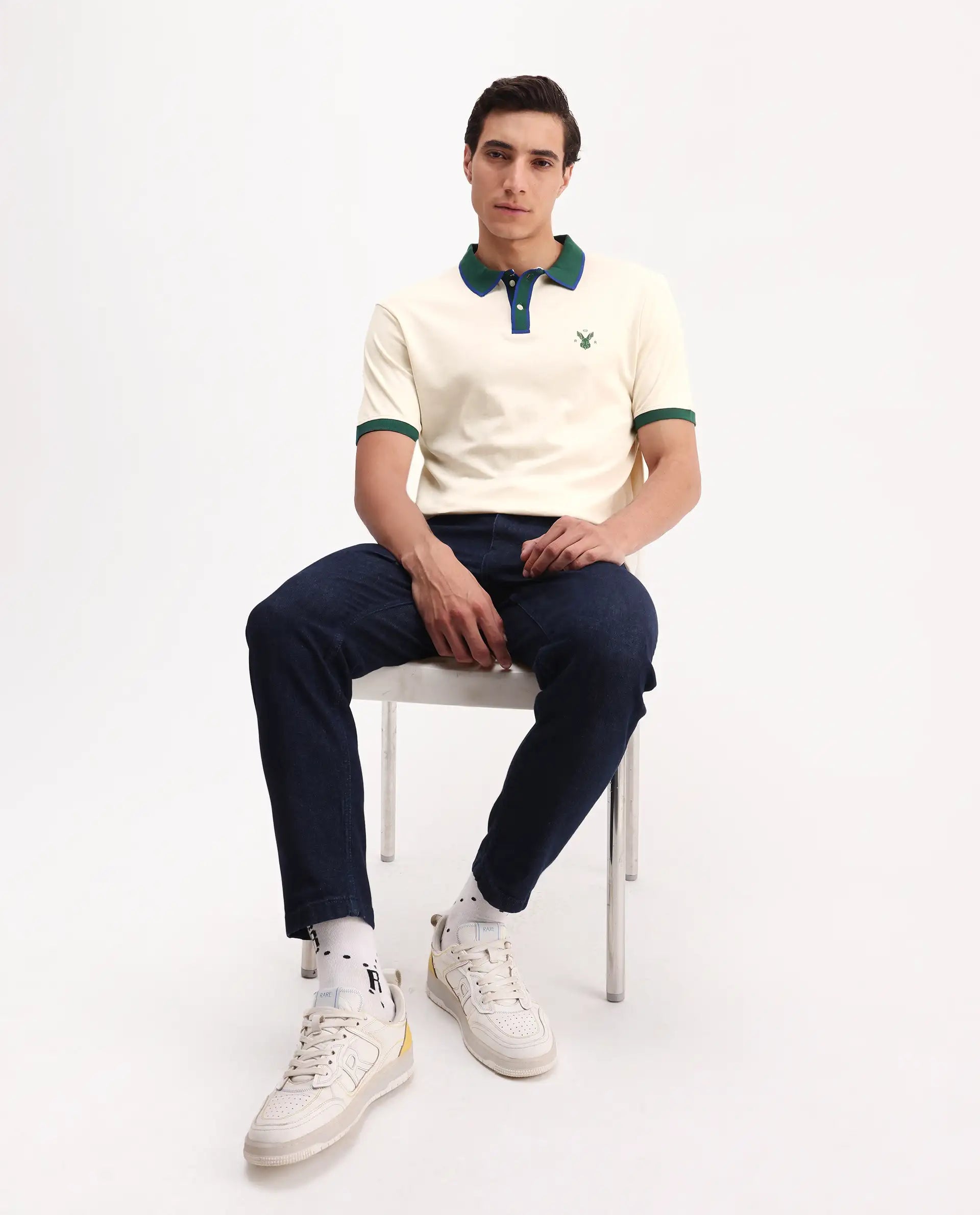 Rare Rabbit Men's Lark Off White Cotton Plain Regular Fit Half Sleeve Polo