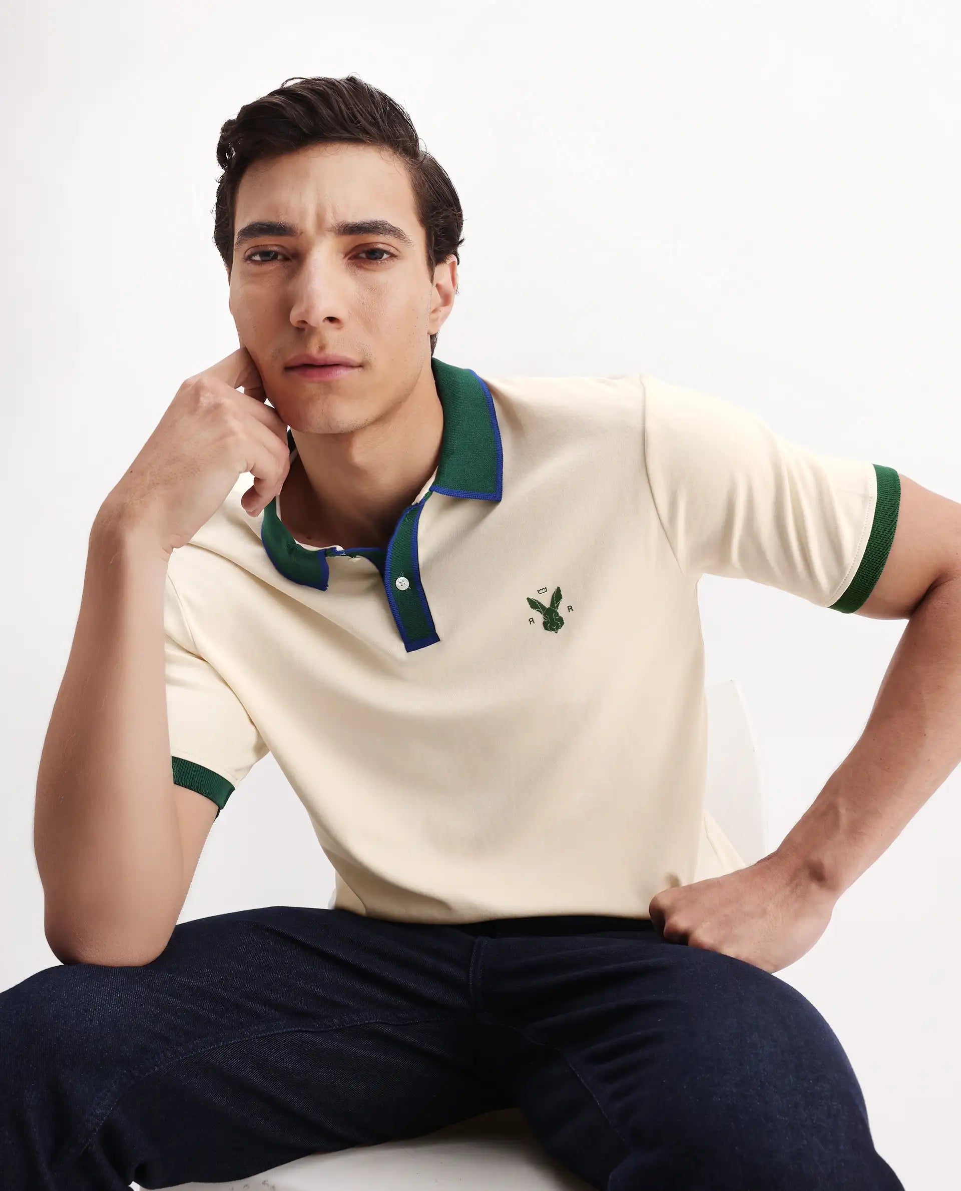 Rare Rabbit Men's Lark Off White Cotton Plain Regular Fit Half Sleeve Polo