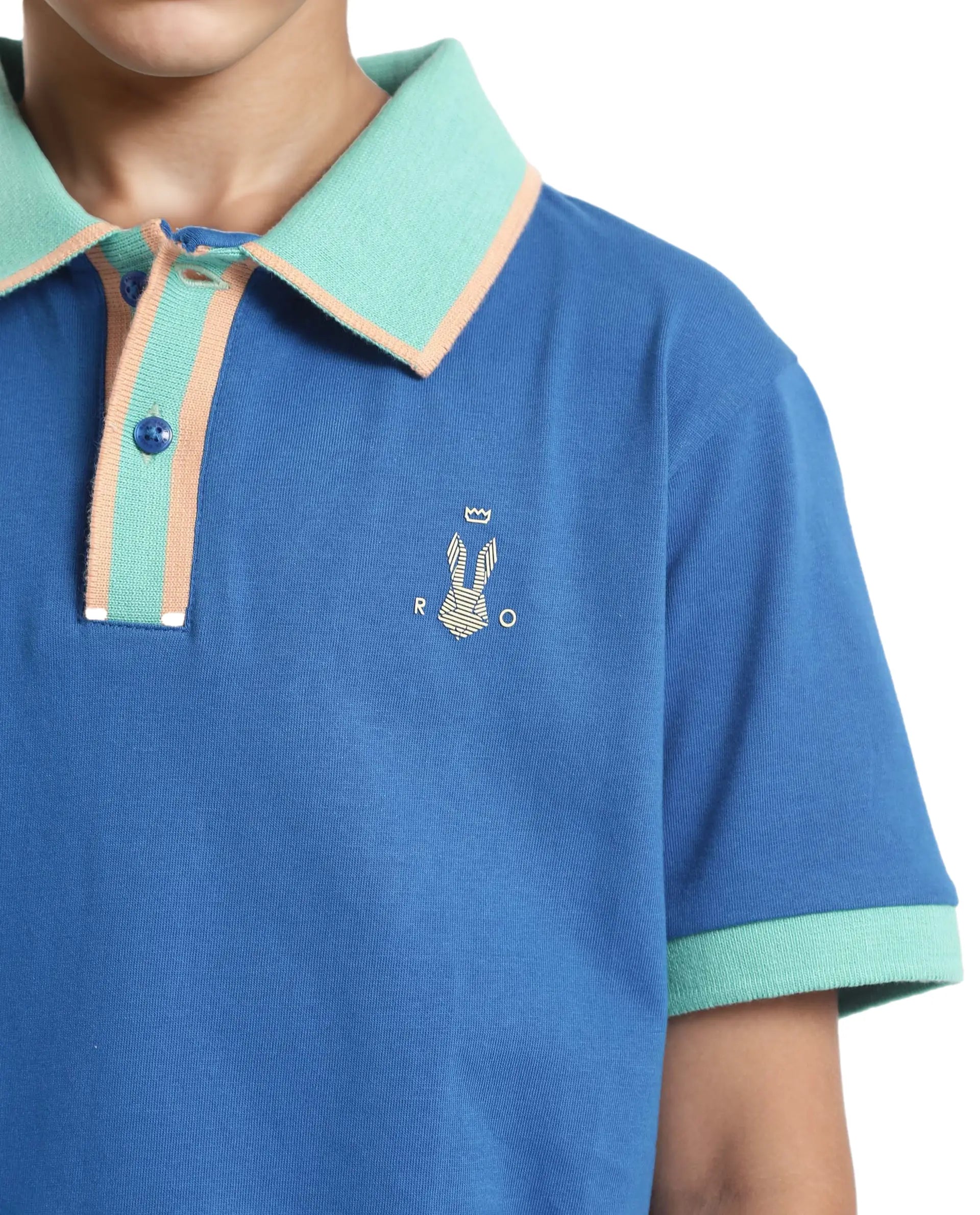 Rare Ones Kids Larn Blue Cotton Half Sleeves Contrasting Collar Regular Fit Solid Polo