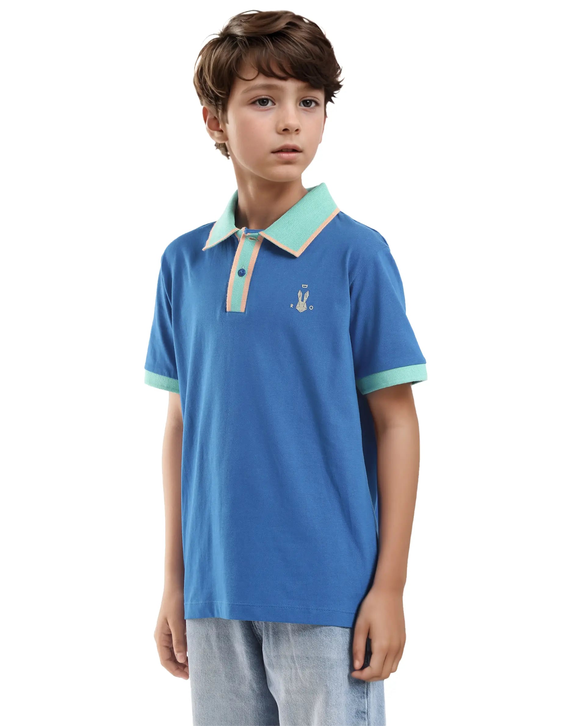 Rare Ones Kids Larn Blue Cotton Half Sleeves Contrasting Collar Regular Fit Solid Polo