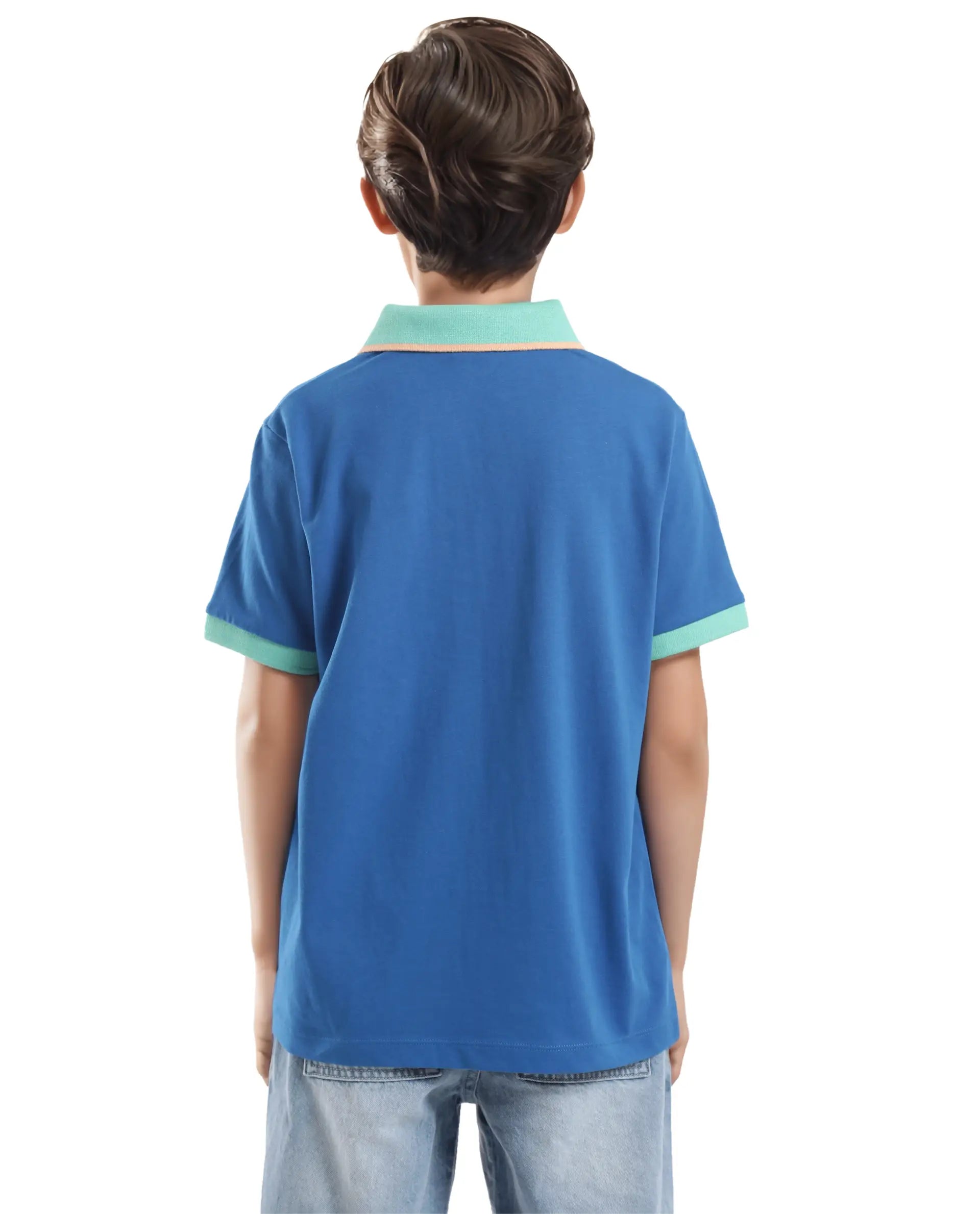 Rare Ones Kids Larn Blue Cotton Half Sleeves Contrasting Collar Regular Fit Solid Polo
