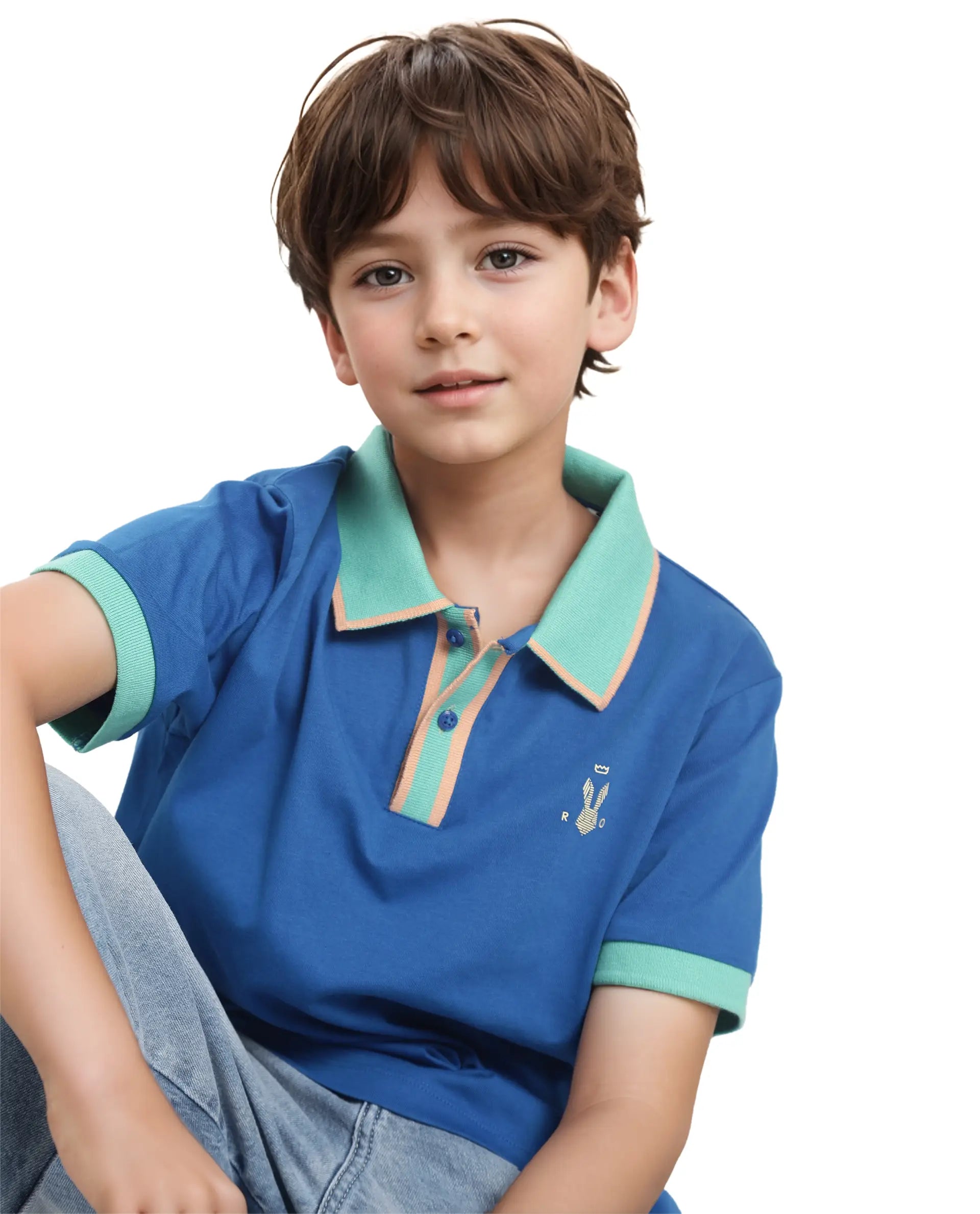 Rare Ones Kids Larn Blue Cotton Half Sleeves Contrasting Collar Regular Fit Solid Polo