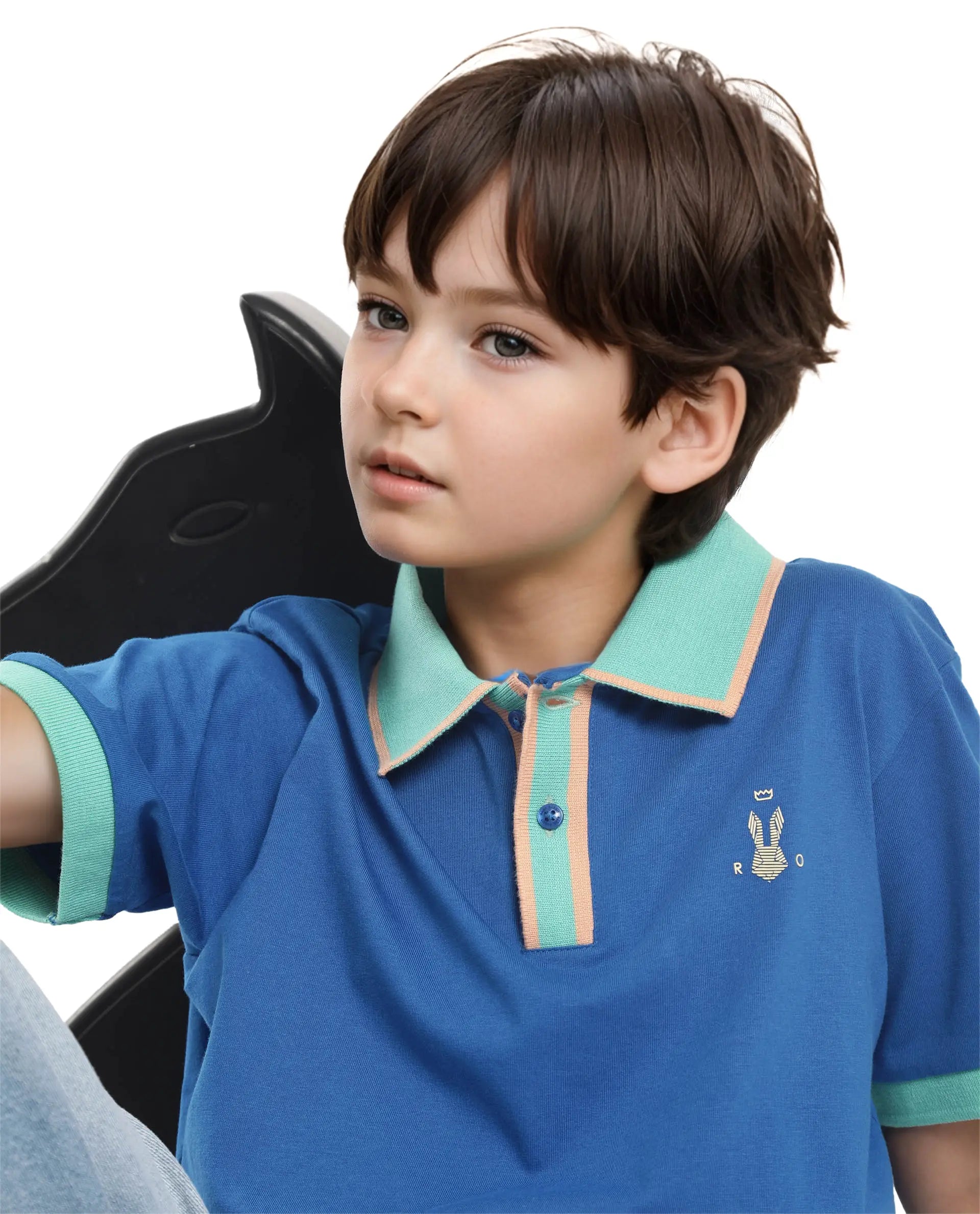 Rare Ones Kids Larn Blue Cotton Half Sleeves Contrasting Collar Regular Fit Solid Polo