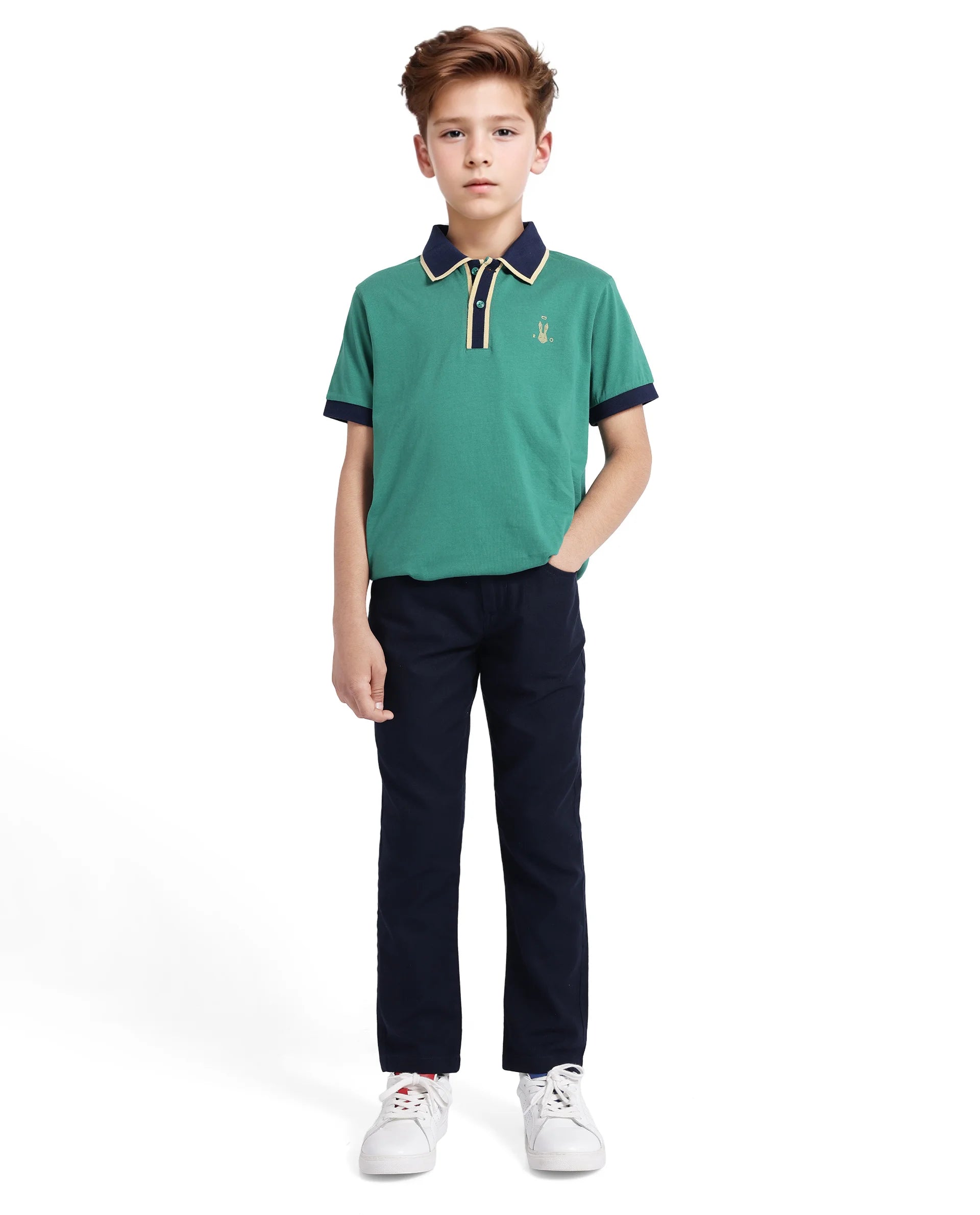 Rare Ones Kids Larn Dark Green Cotton Half Sleeves Contrasting Collar Regular Fit Solid Polo