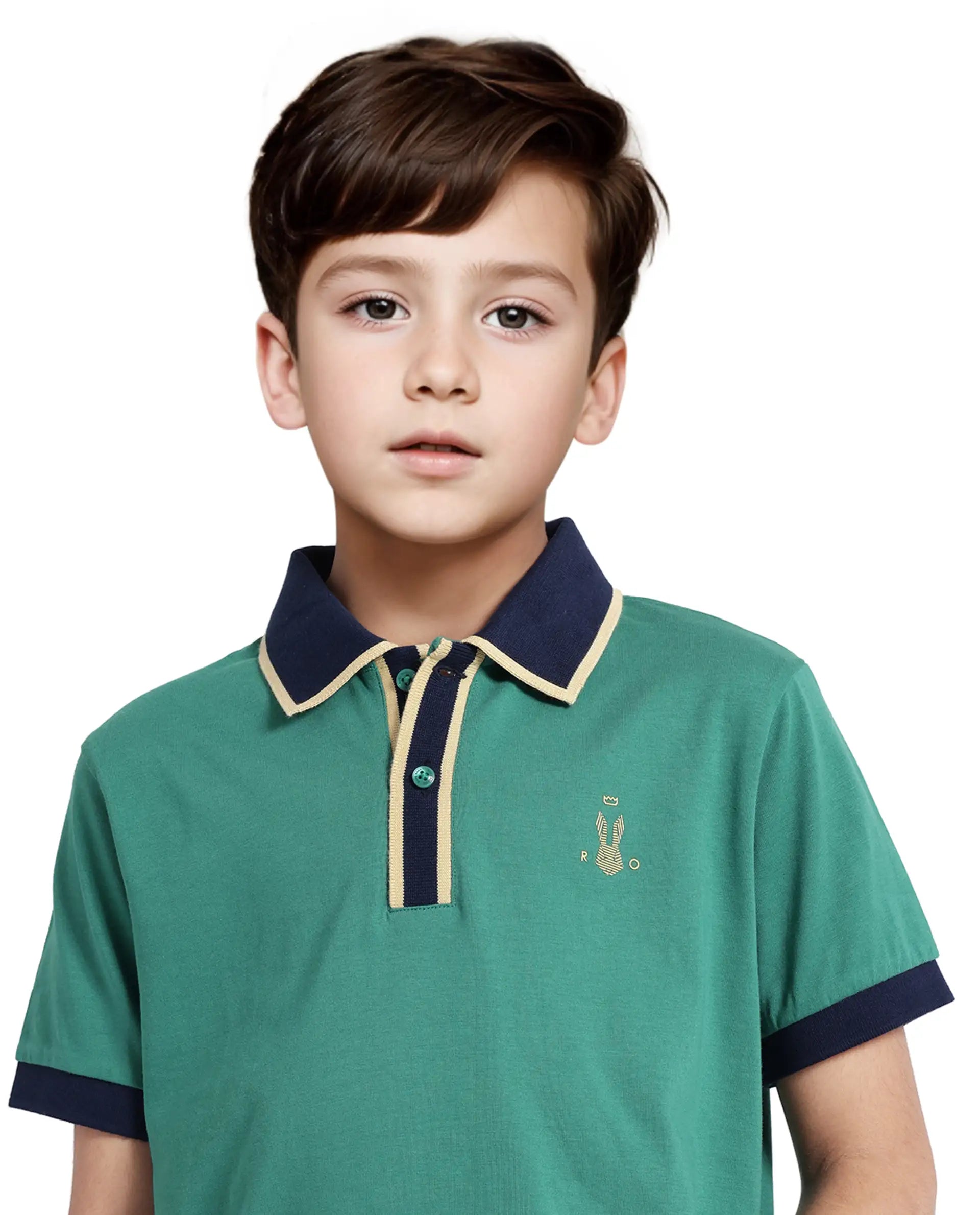 Rare Ones Kids Larn Dark Green Cotton Half Sleeves Contrasting Collar Regular Fit Solid Polo