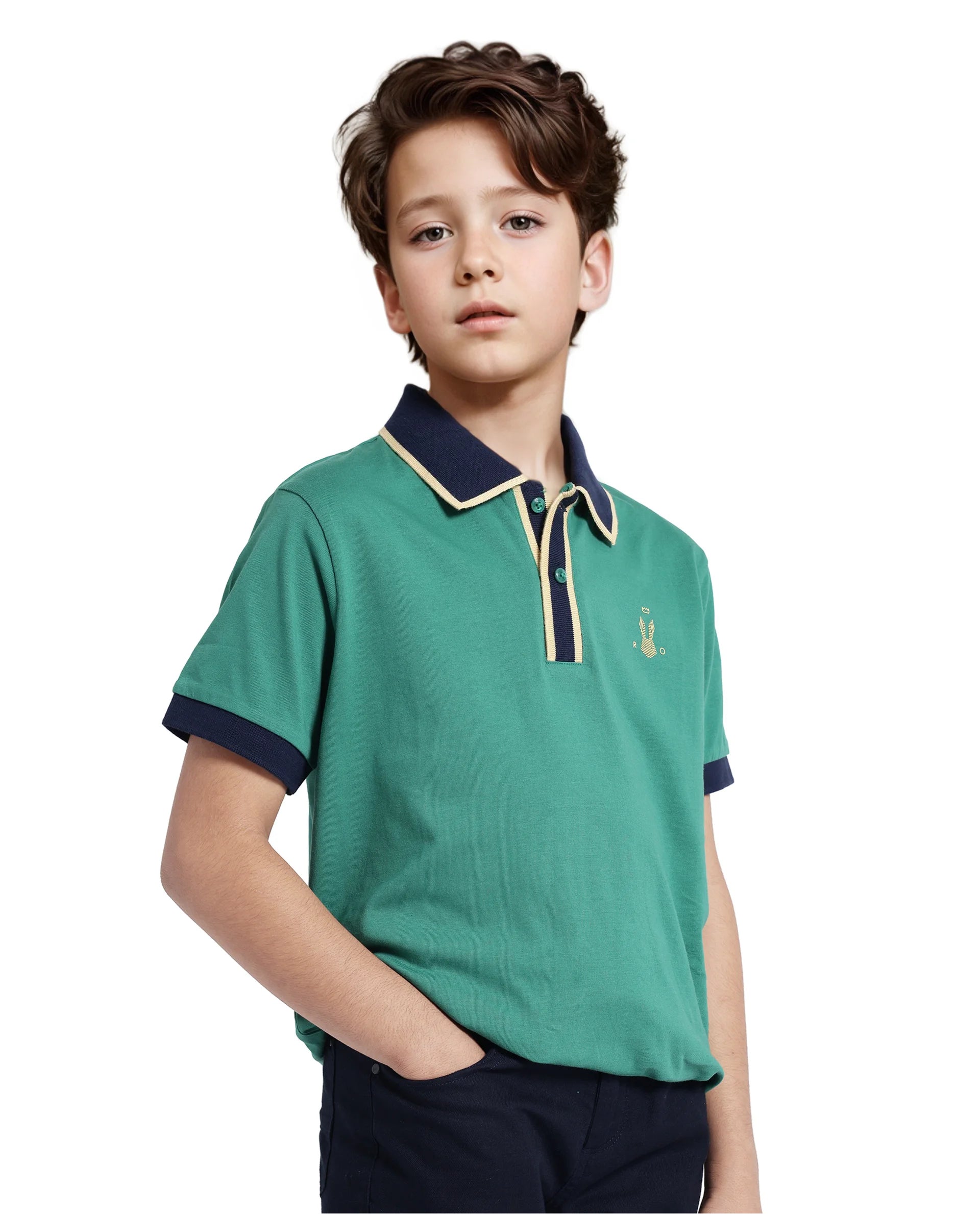 Rare Ones Kids Larn Dark Green Cotton Half Sleeves Contrasting Collar Regular Fit Solid Polo