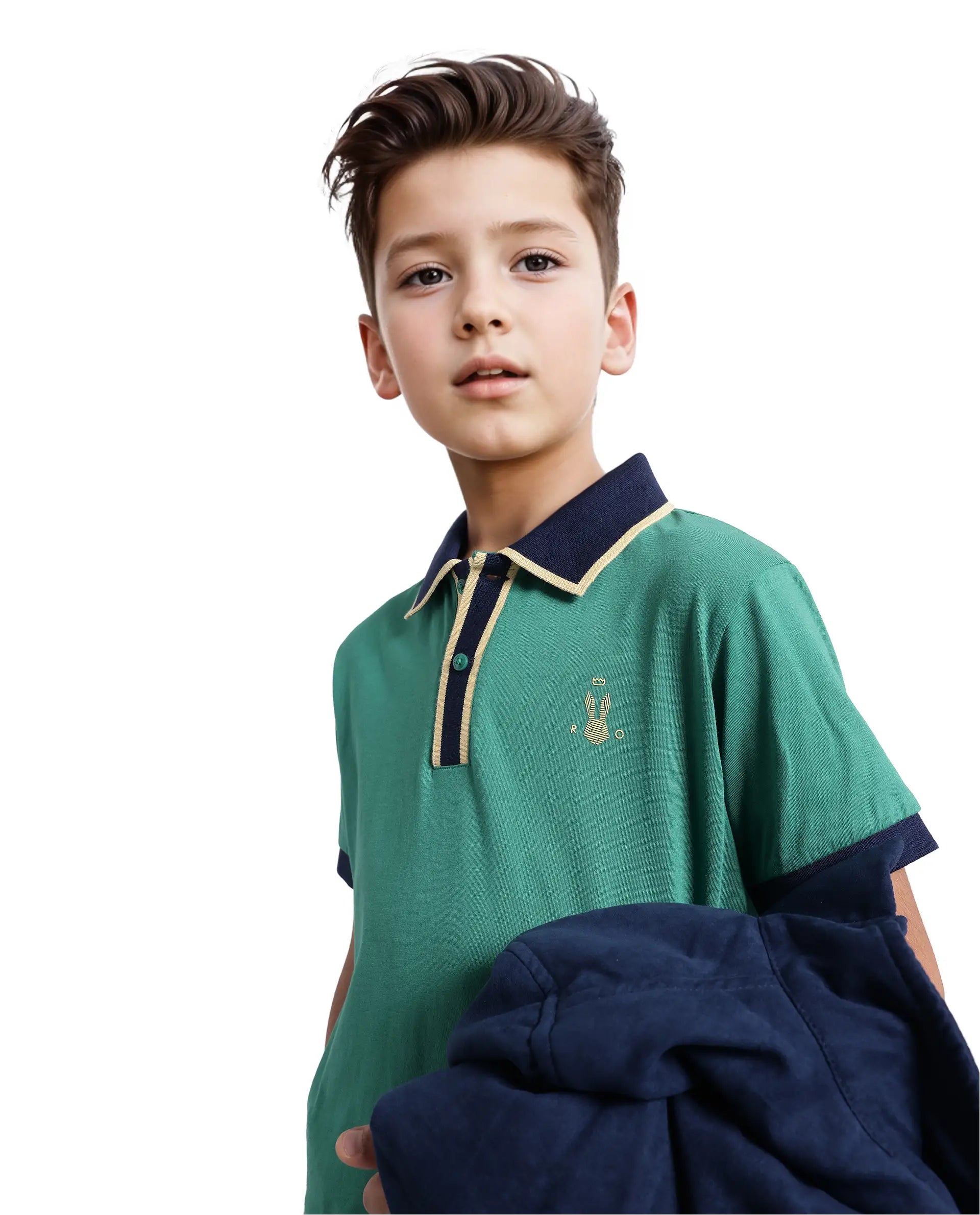 Rare Ones Kids Larn Dark Green Cotton Half Sleeves Contrasting Collar Regular Fit Solid Polo