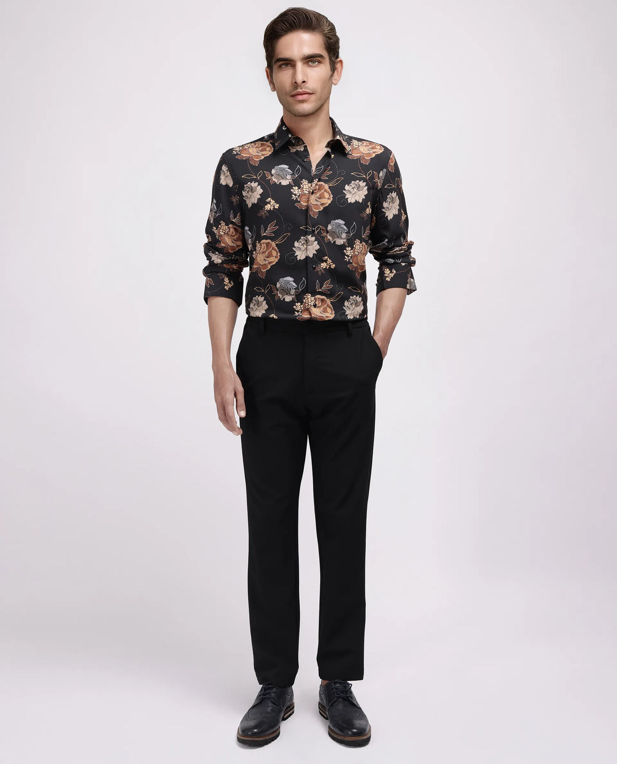 Rare Rabbit Men's Larne Black Viscose Blend Floral Print Regular Fit Full Sleeve Collared Shirt