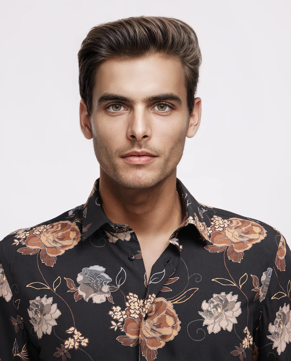 Rare Rabbit Men's Larne Black Viscose Blend Floral Print Regular Fit Full Sleeve Collared Shirt