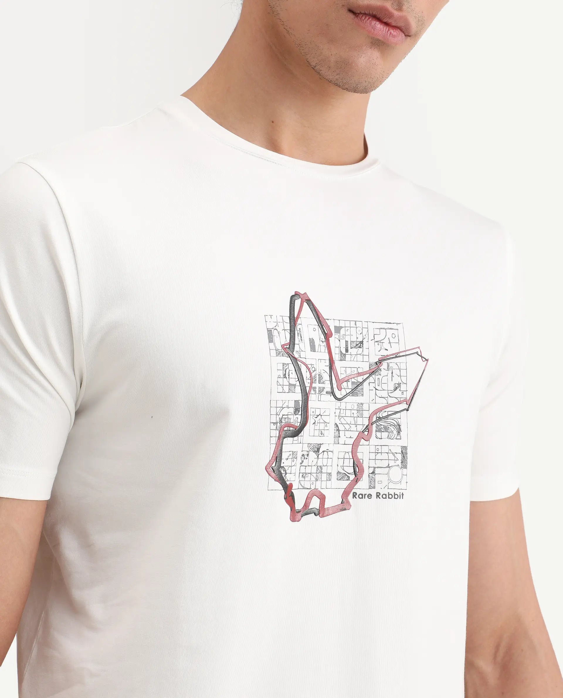 Rare Rabbit Men's Larri Off White Cotton Blend Fabric Half Sleeve Crew Neck Regular Fit Graphic Print T-Shirt
