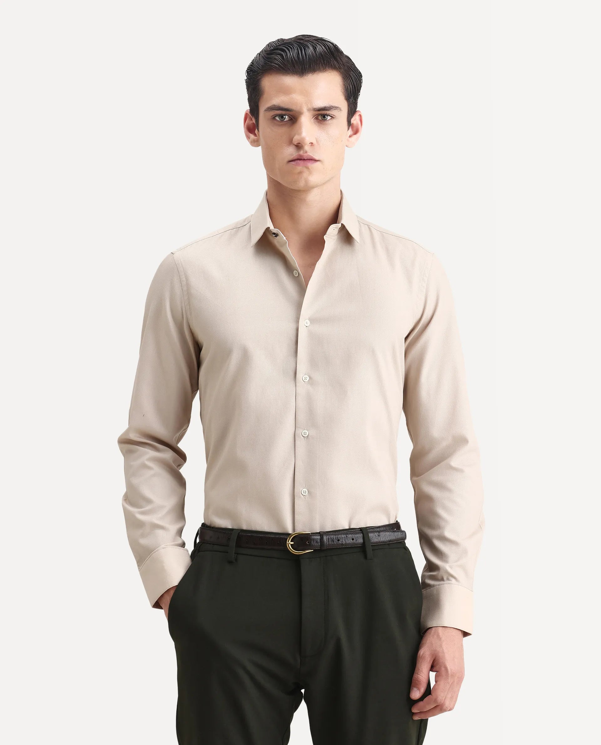 Rare Rabbit Men's Lasko Beige Cotton Plain Regular Fit Full Sleeve Collared Shirt