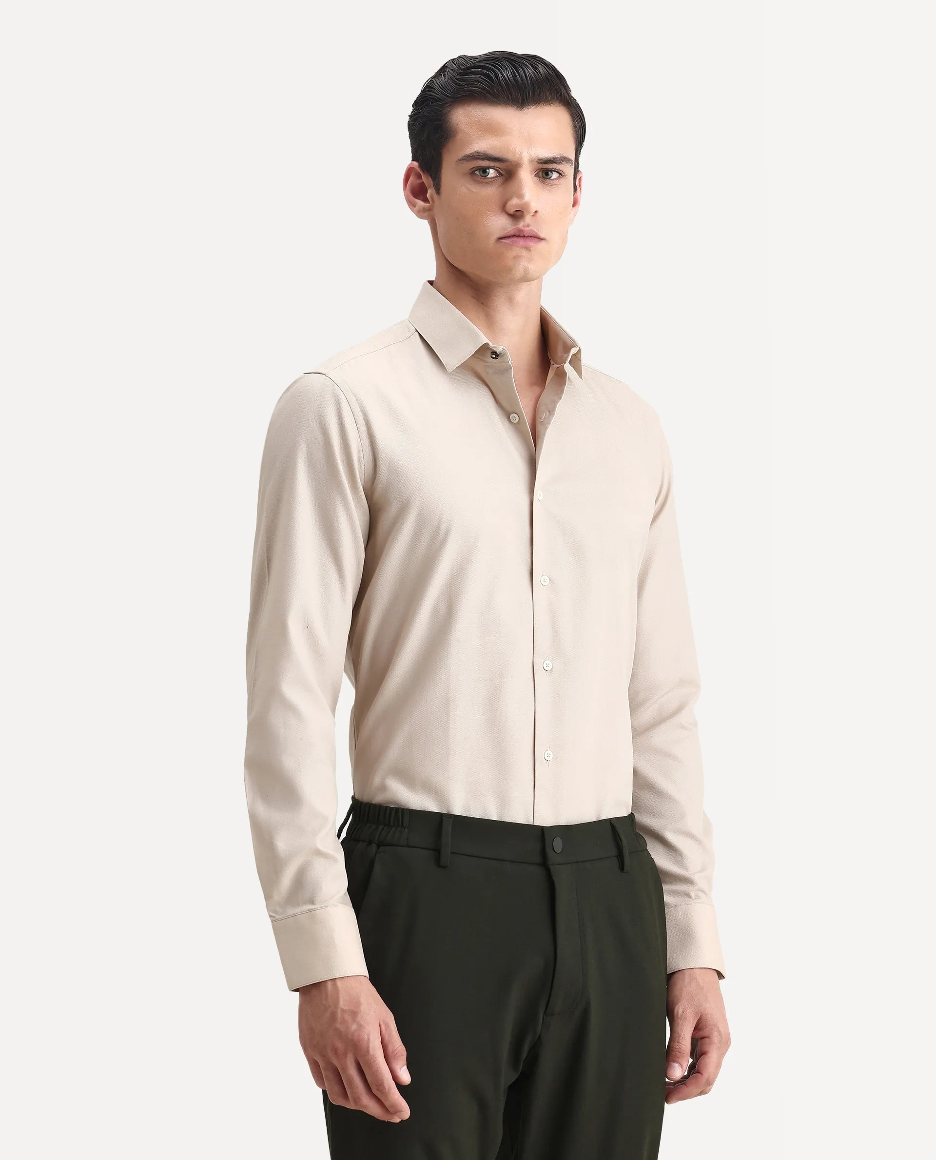 Rare Rabbit Men's Lasko Beige Cotton Plain Regular Fit Full Sleeve Collared Shirt