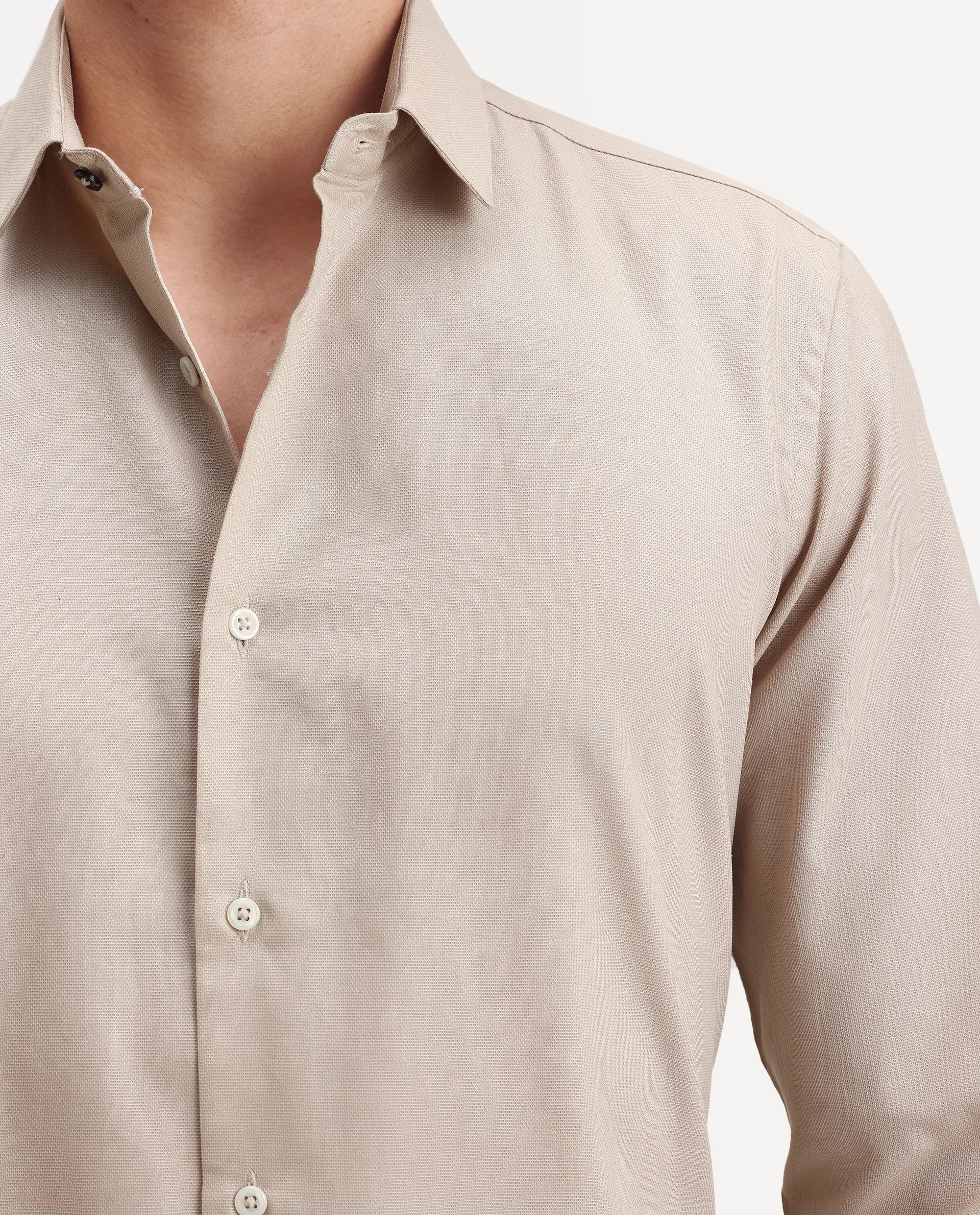 Rare Rabbit Men's Lasko Beige Cotton Plain Regular Fit Full Sleeve Collared Shirt