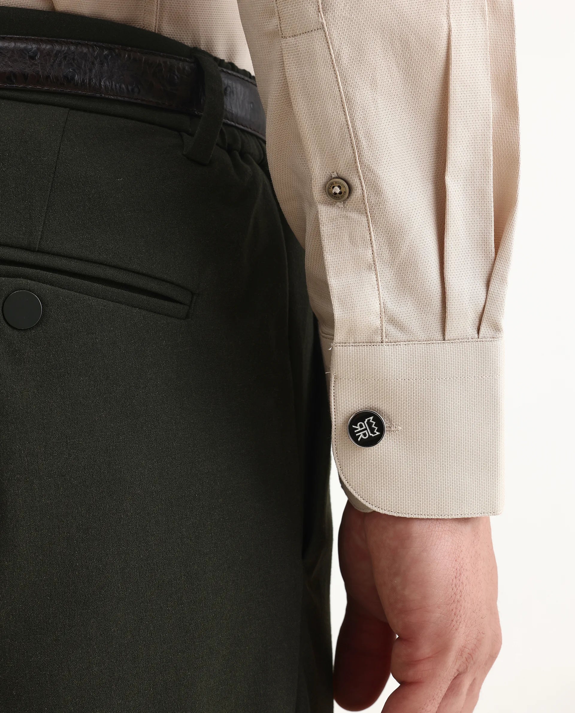 Rare Rabbit Men's Lasko Beige Cotton Plain Regular Fit Full Sleeve Collared Shirt