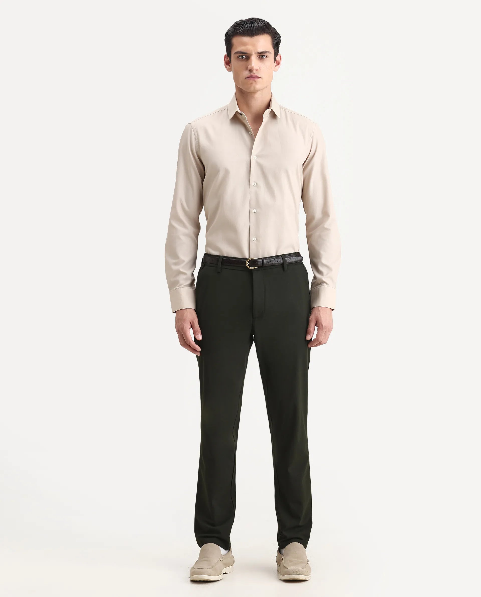 Rare Rabbit Men's Lasko Beige Cotton Plain Regular Fit Full Sleeve Collared Shirt