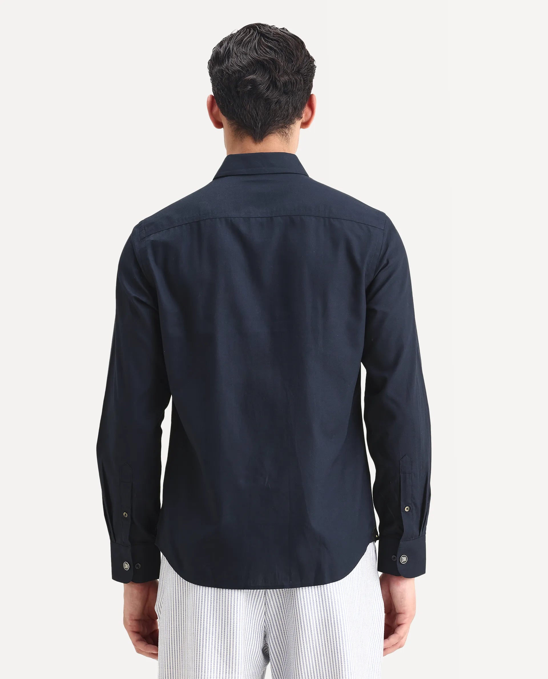 Rare Rabbit Men's Lasko Navy Cotton Plain Regular Fit Full Sleeve Collared Shirt