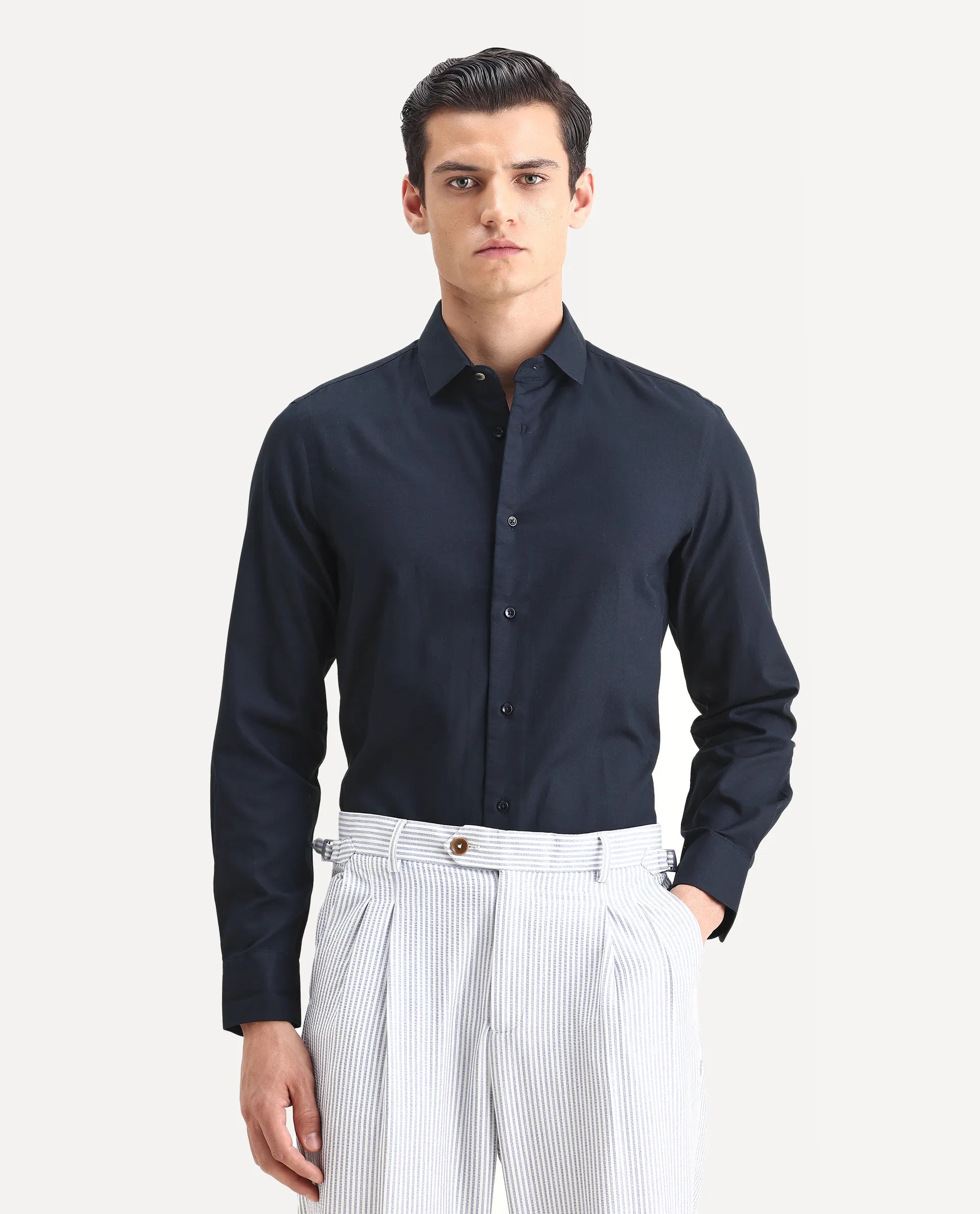 Rare Rabbit Men's Lasko Navy Cotton Plain Regular Fit Full Sleeve Collared Shirt