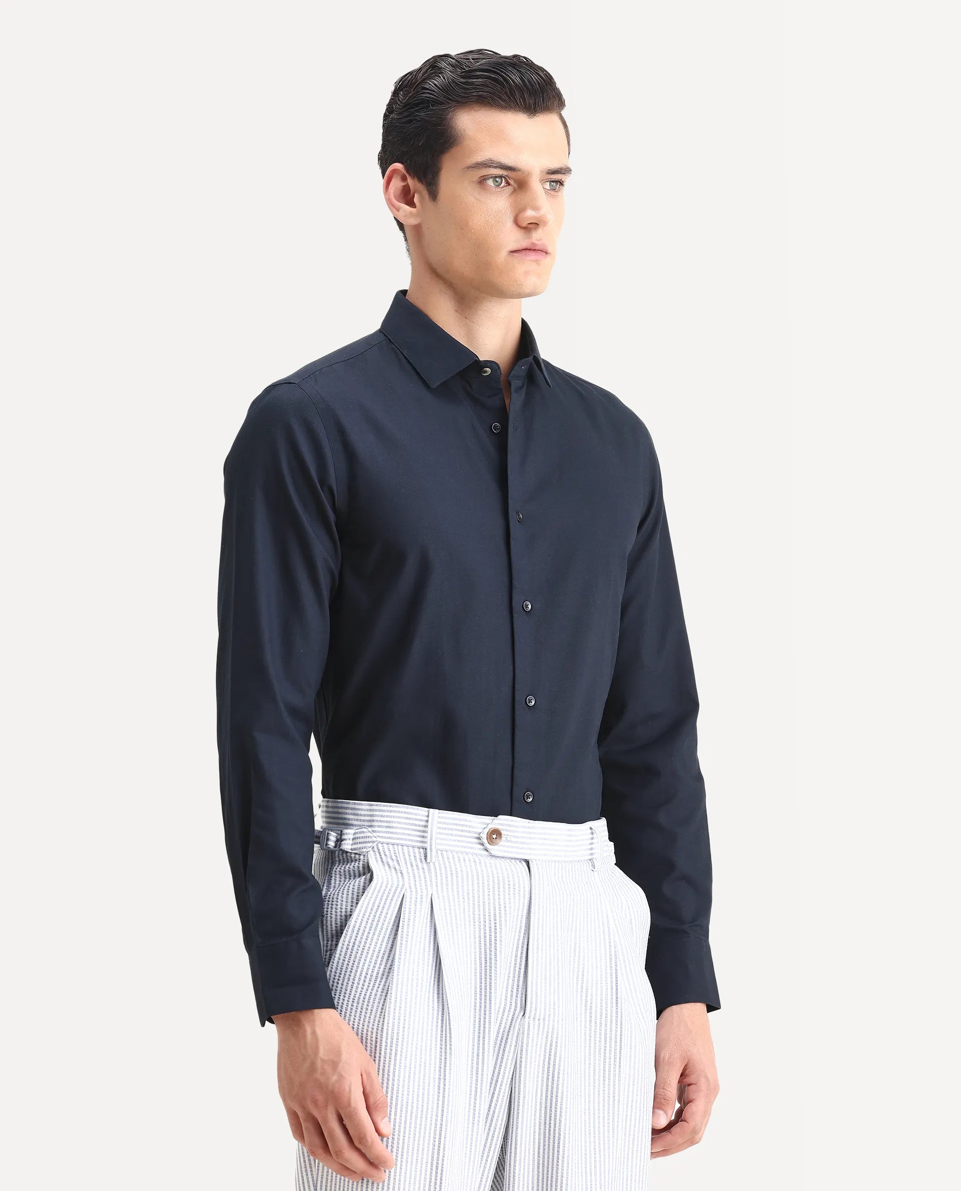 Rare Rabbit Men's Lasko Navy Cotton Plain Regular Fit Full Sleeve Collared Shirt