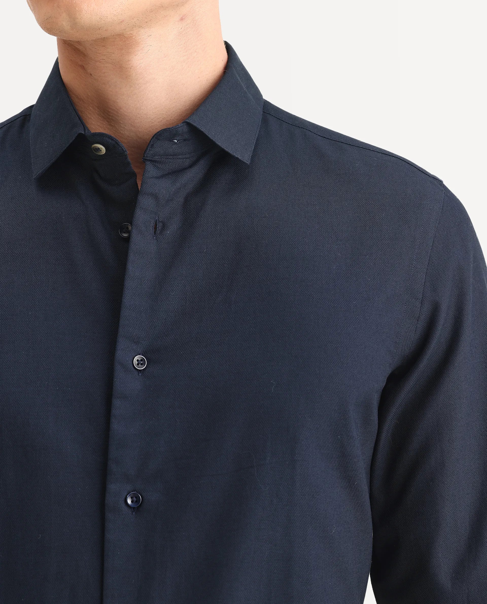 Rare Rabbit Men's Lasko Navy Cotton Plain Regular Fit Full Sleeve Collared Shirt